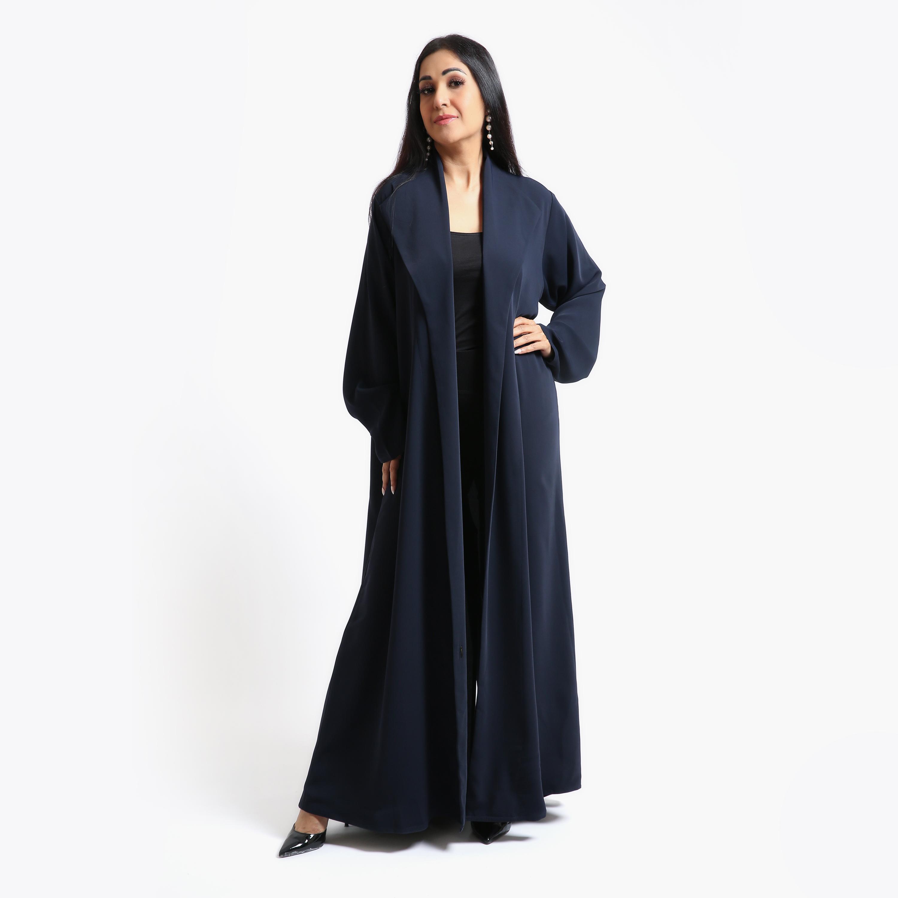 عباية نسائية بياقة مطوية قماش ندى - أزرق من نكياس-women-arabicclothing-abayas-image-3