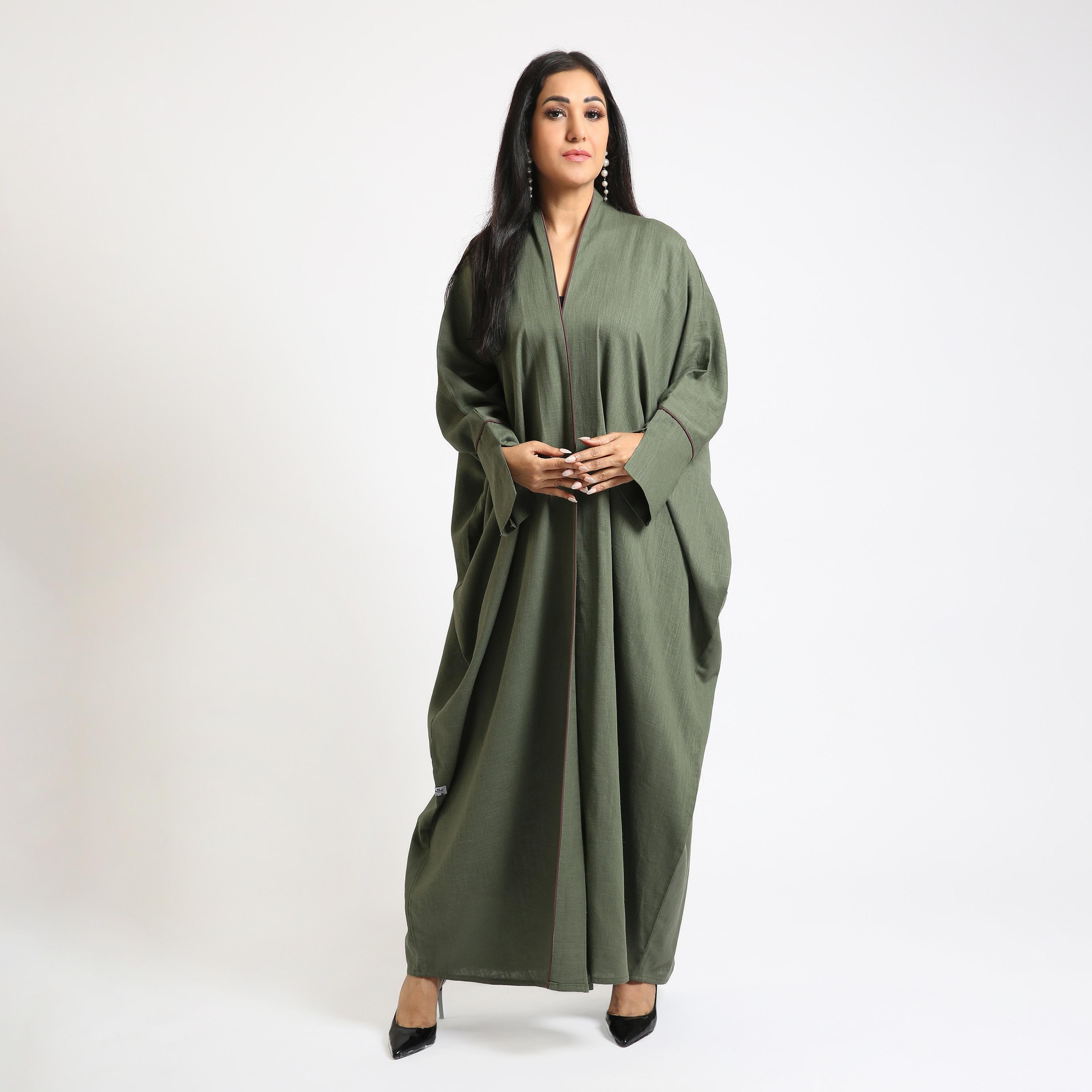 عباية نسائية قصة بحرينية بأساور أكمام واسعة قماش كتان - أخضر من نكياس-women-arabicclothing-abayas-image-1