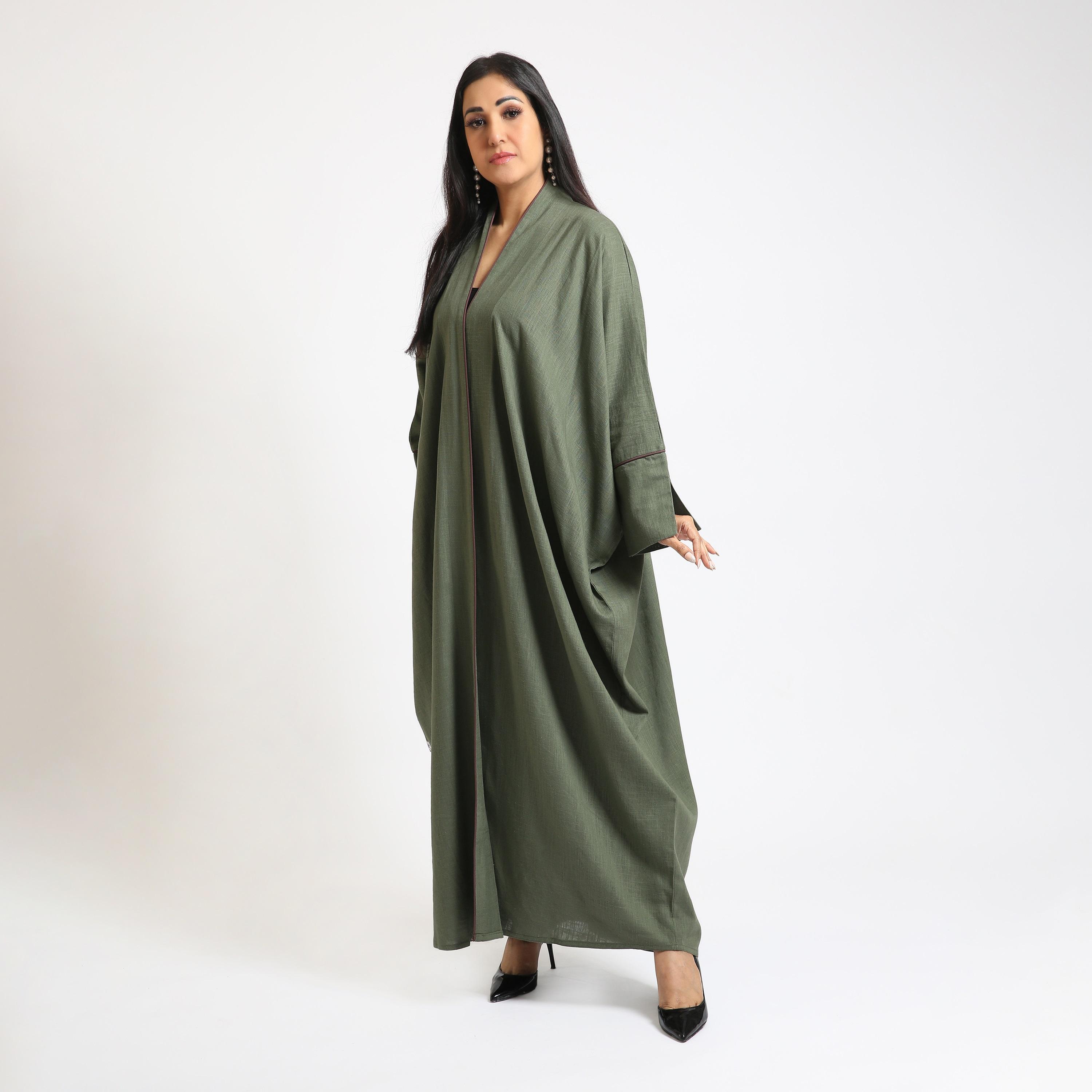 عباية نسائية قصة بحرينية بأساور أكمام واسعة قماش كتان - أخضر من نكياس-women-arabicclothing-abayas-image-4