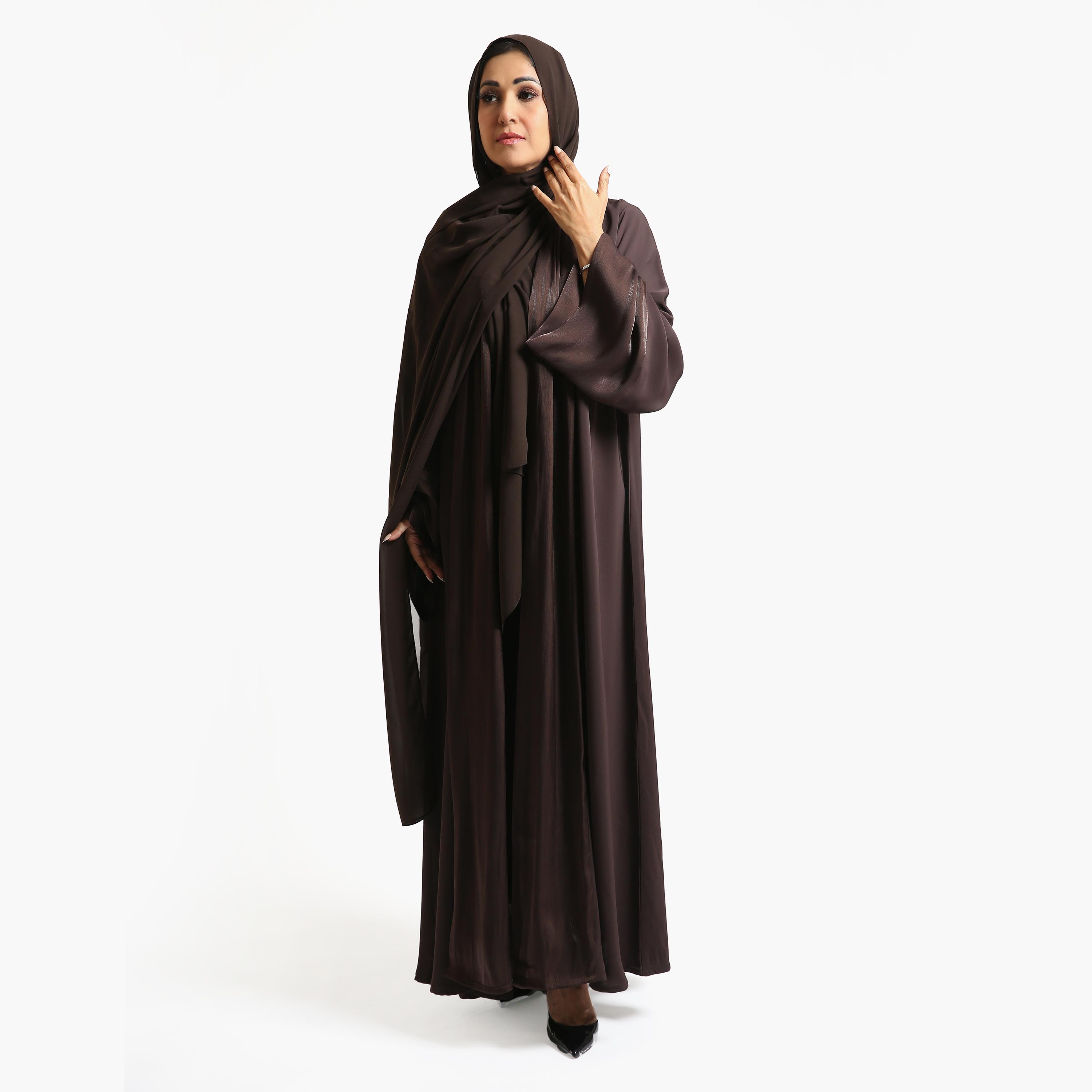 عباية سهرة نسائية بأكمام واسعة قماش ندى - بني من نكياس-women-arabicclothing-abayas-image-1