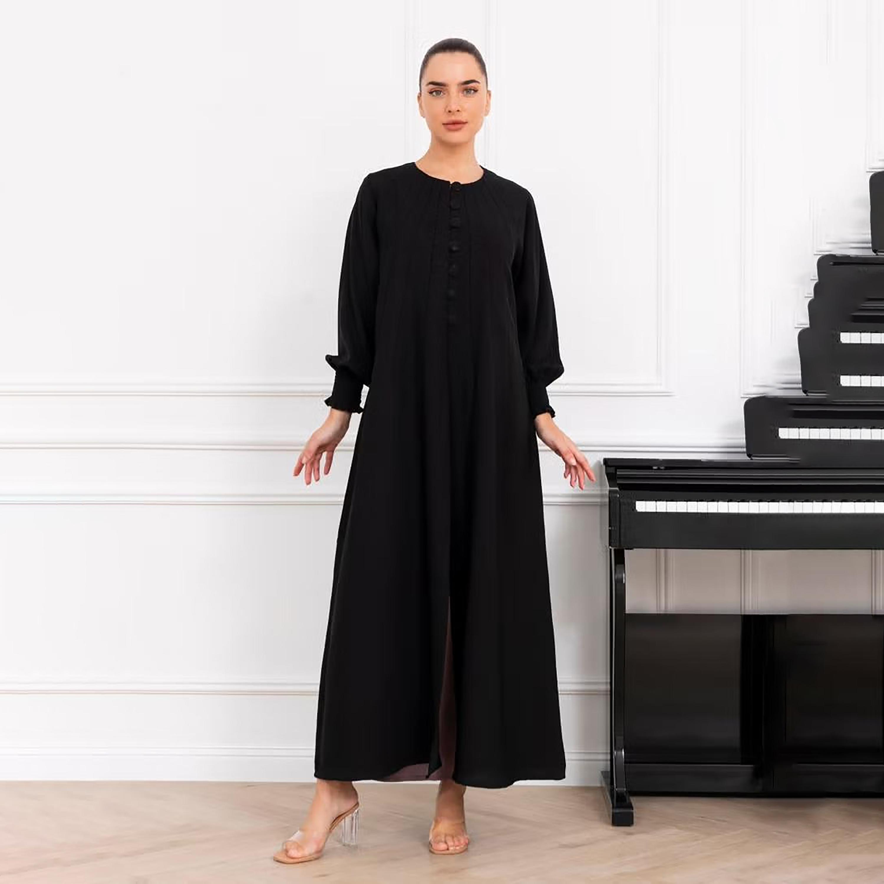 Nikias Black Bishop Sleeves Crepe Women's Abaya-women-arabicclothing-abayas-image-1