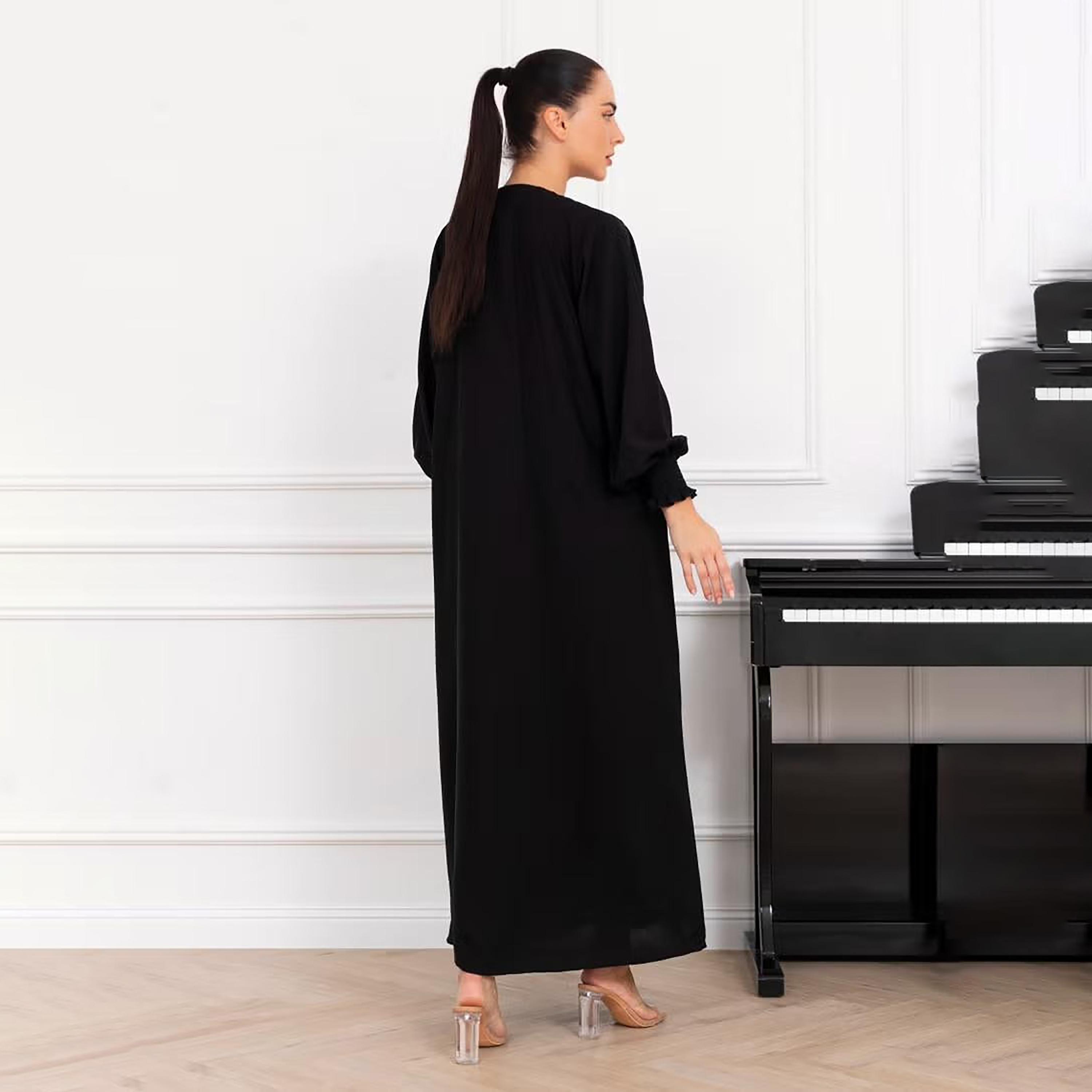 Nikias Black Bishop Sleeves Crepe Women's Abaya-women-arabicclothing-abayas-image-3