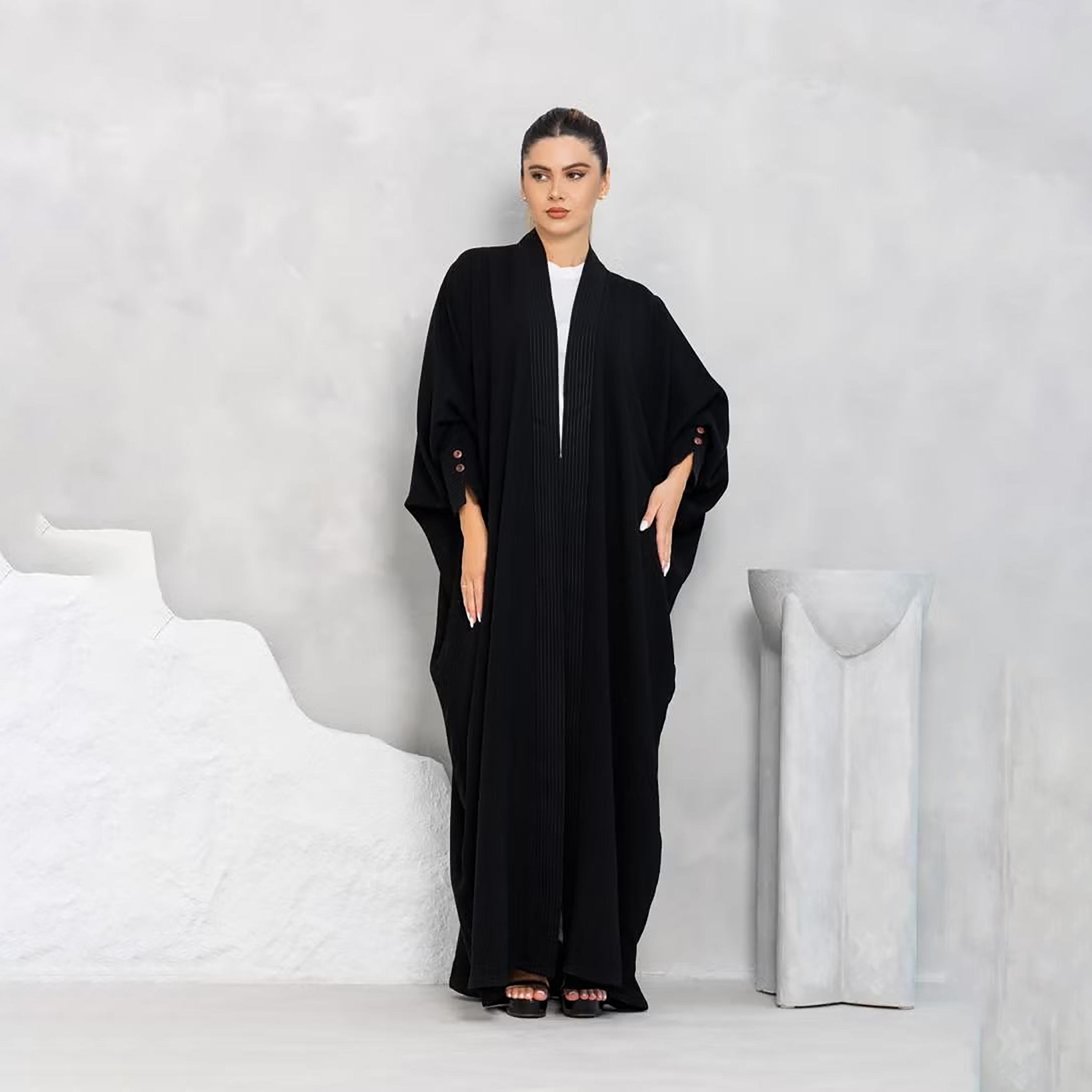 Nikias Black Tonal Stitch Detail Batwing Sleeves Linen Women's Abaya-women-arabicclothing-abayas-image-1
