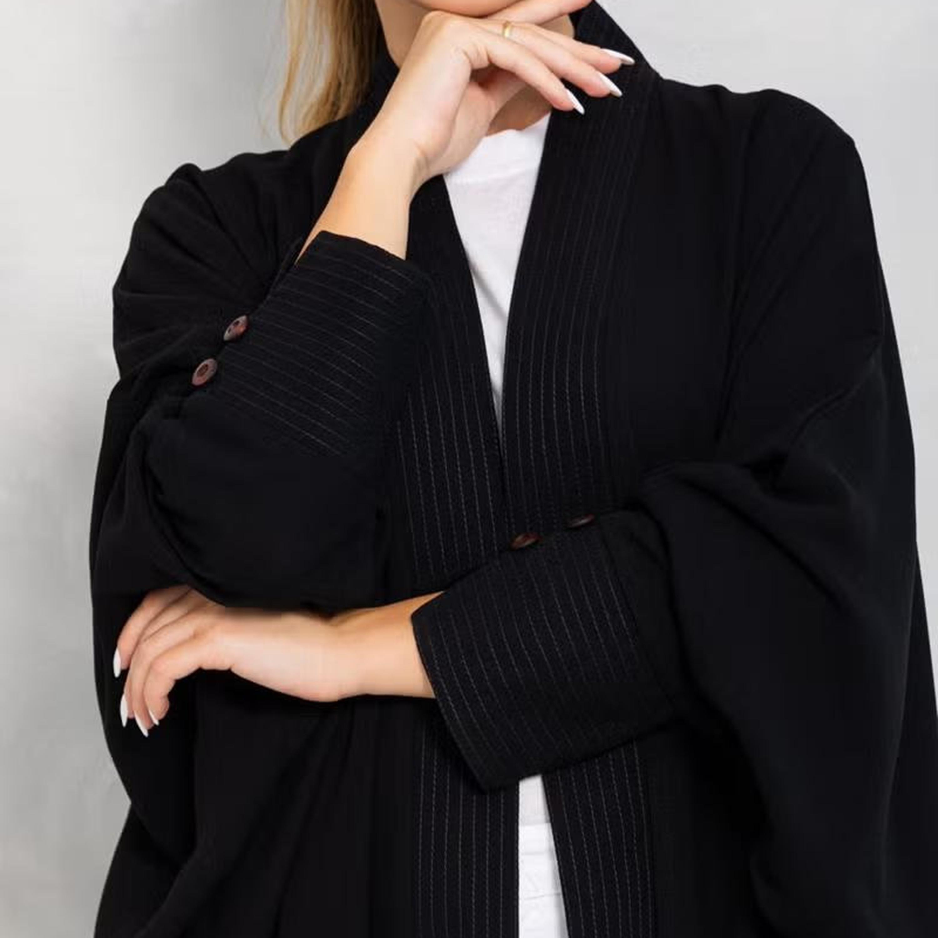 Nikias Black Tonal Stitch Detail Batwing Sleeves Linen Women's Abaya-women-arabicclothing-abayas-image-2