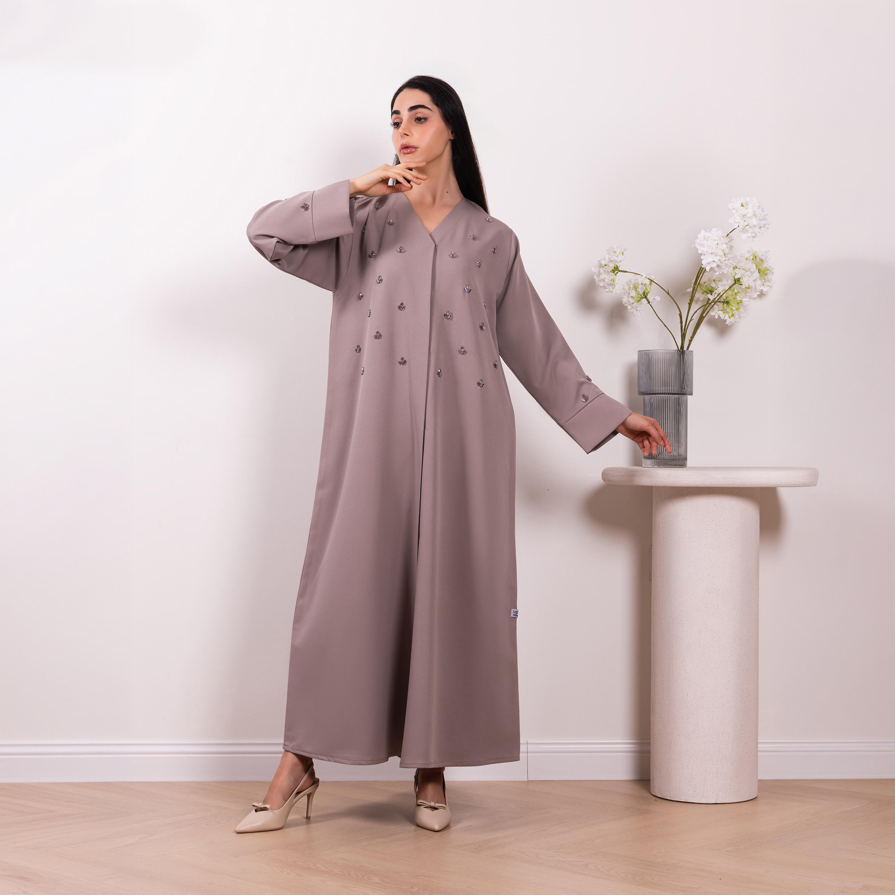 Nikias Brown Beads Detailed Barbie Crepe Women's Formal Abaya-women-arabicclothing-abayas-image-1