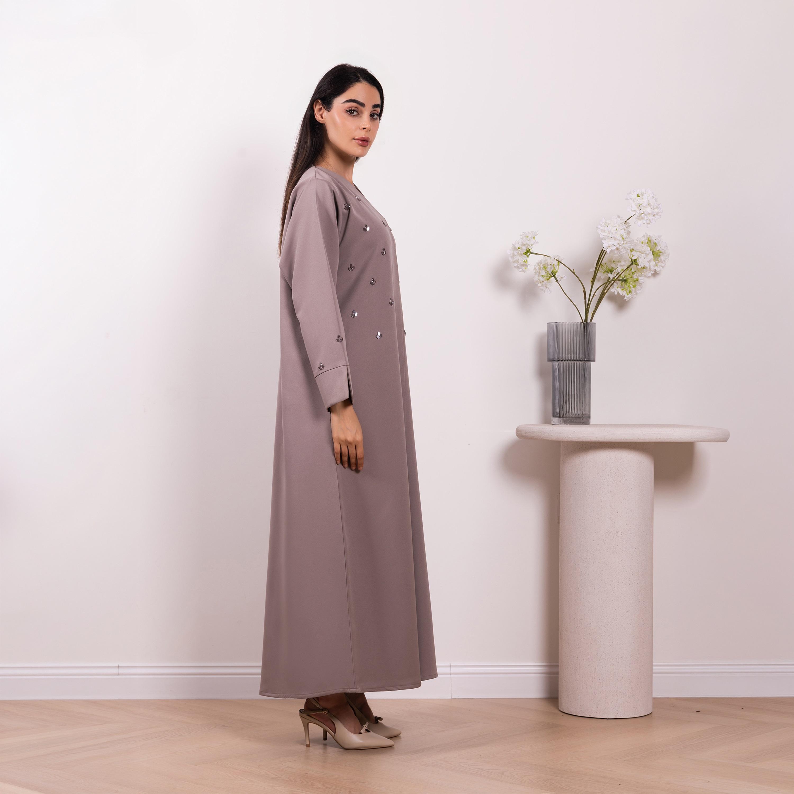 Nikias Brown Beads Detailed Barbie Crepe Women's Formal Abaya-women-arabicclothing-abayas-image-2