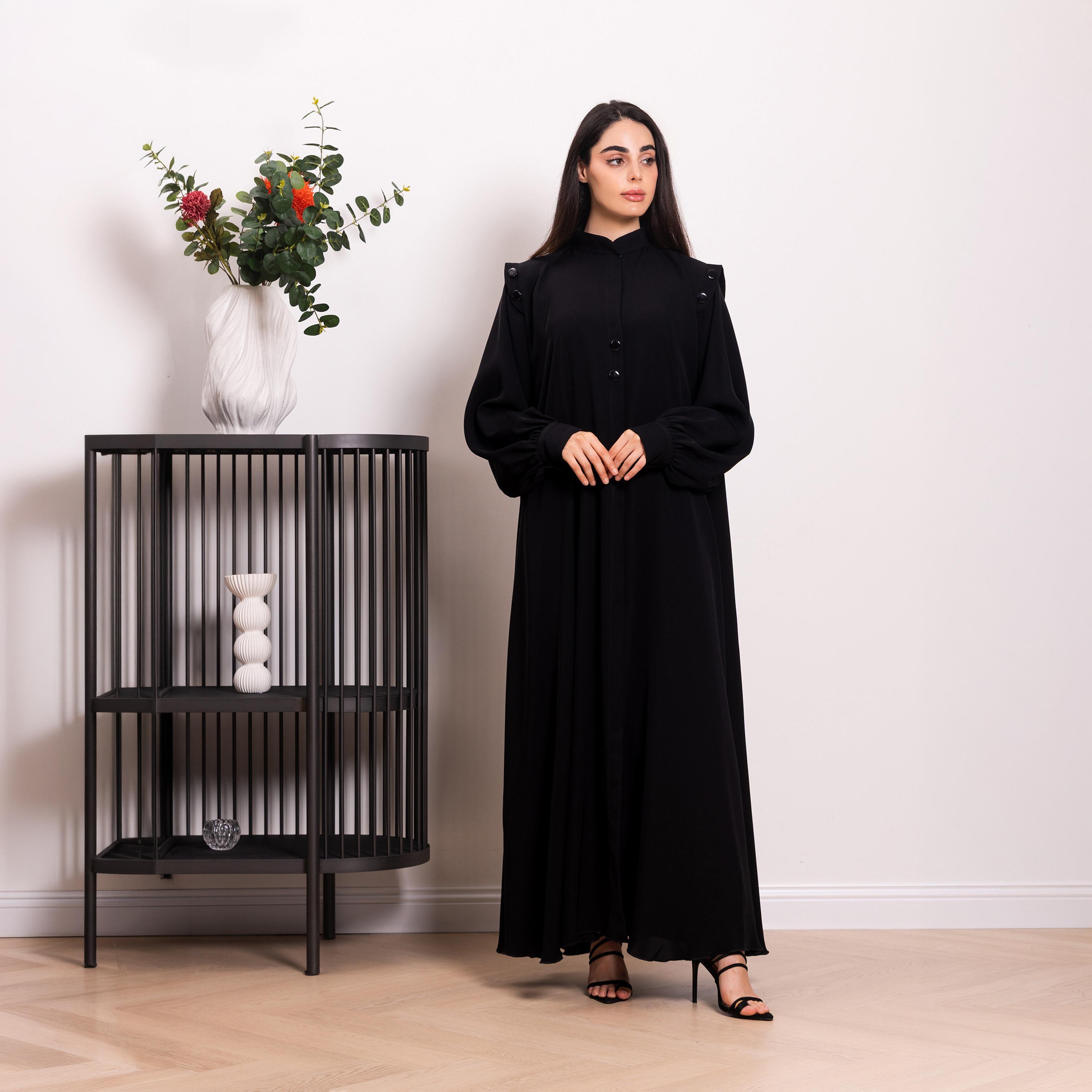 Nikias Black Mandarin Collar Balloon Sleeves Nida Women's Abaya-women-arabicclothing-abayas-image-1