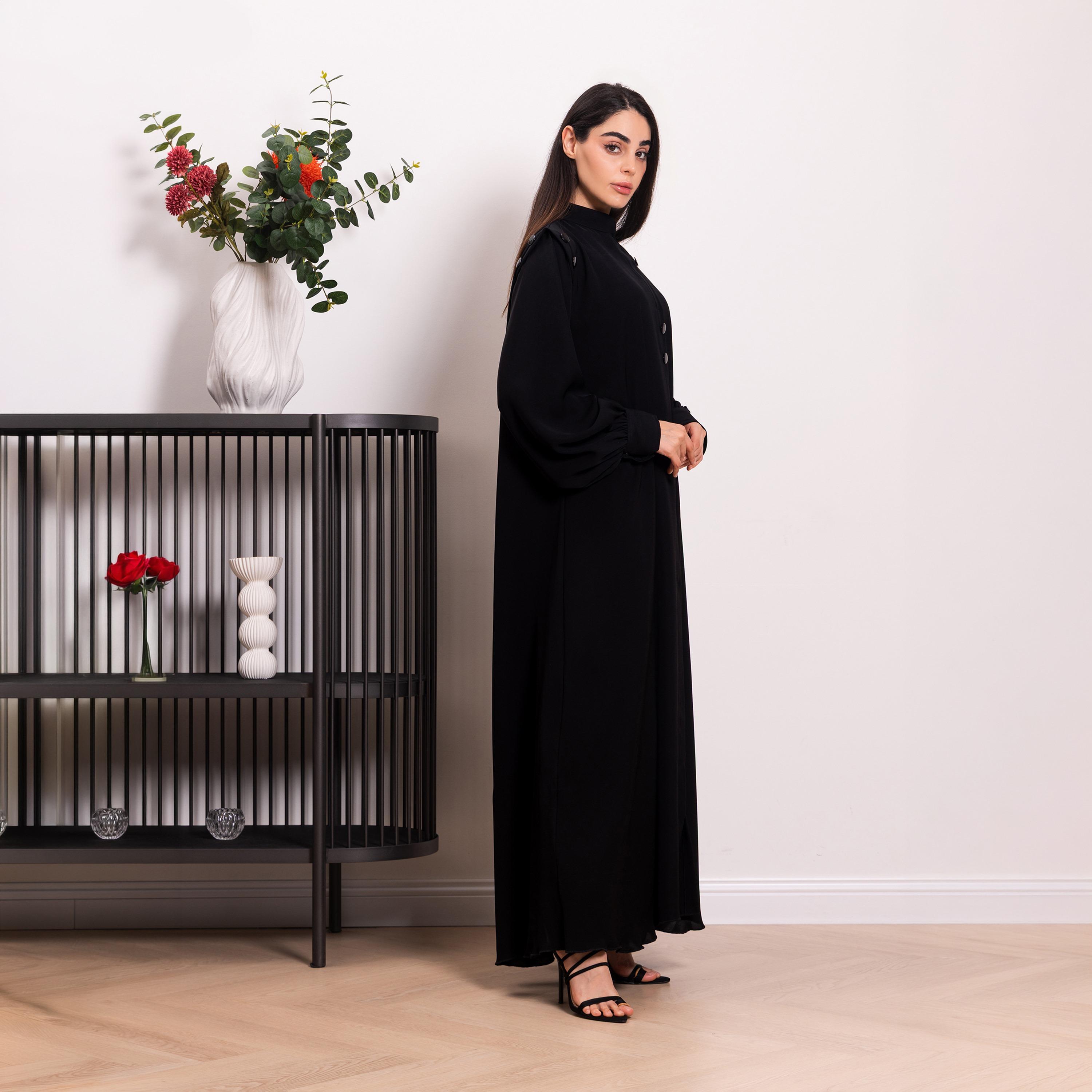 Nikias Black Mandarin Collar Balloon Sleeves Nida Women's Abaya-women-arabicclothing-abayas-image-2