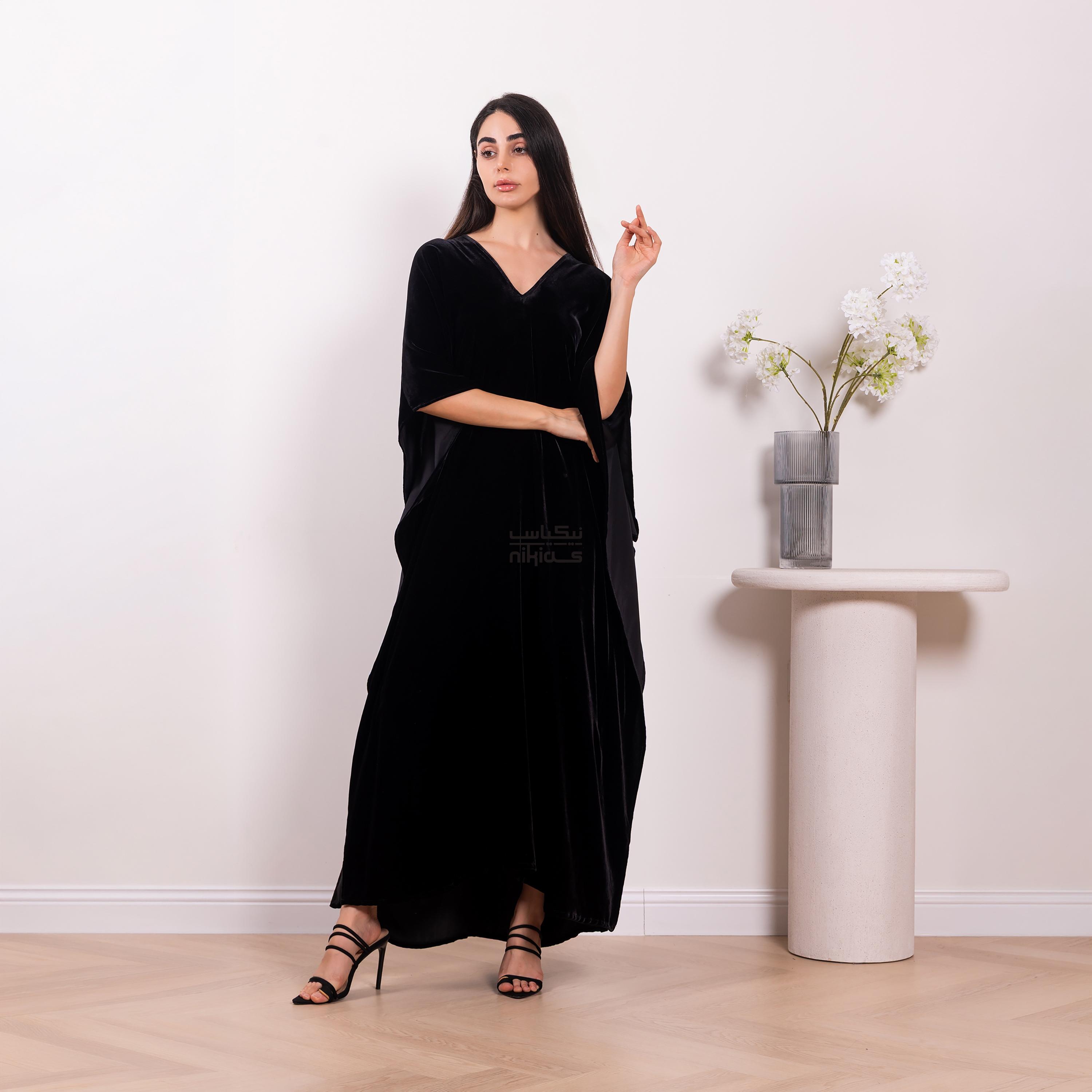 Nikias Black Velvet Women's Beautiful Cut Abaya-women-arabicclothing-abayas-image-1