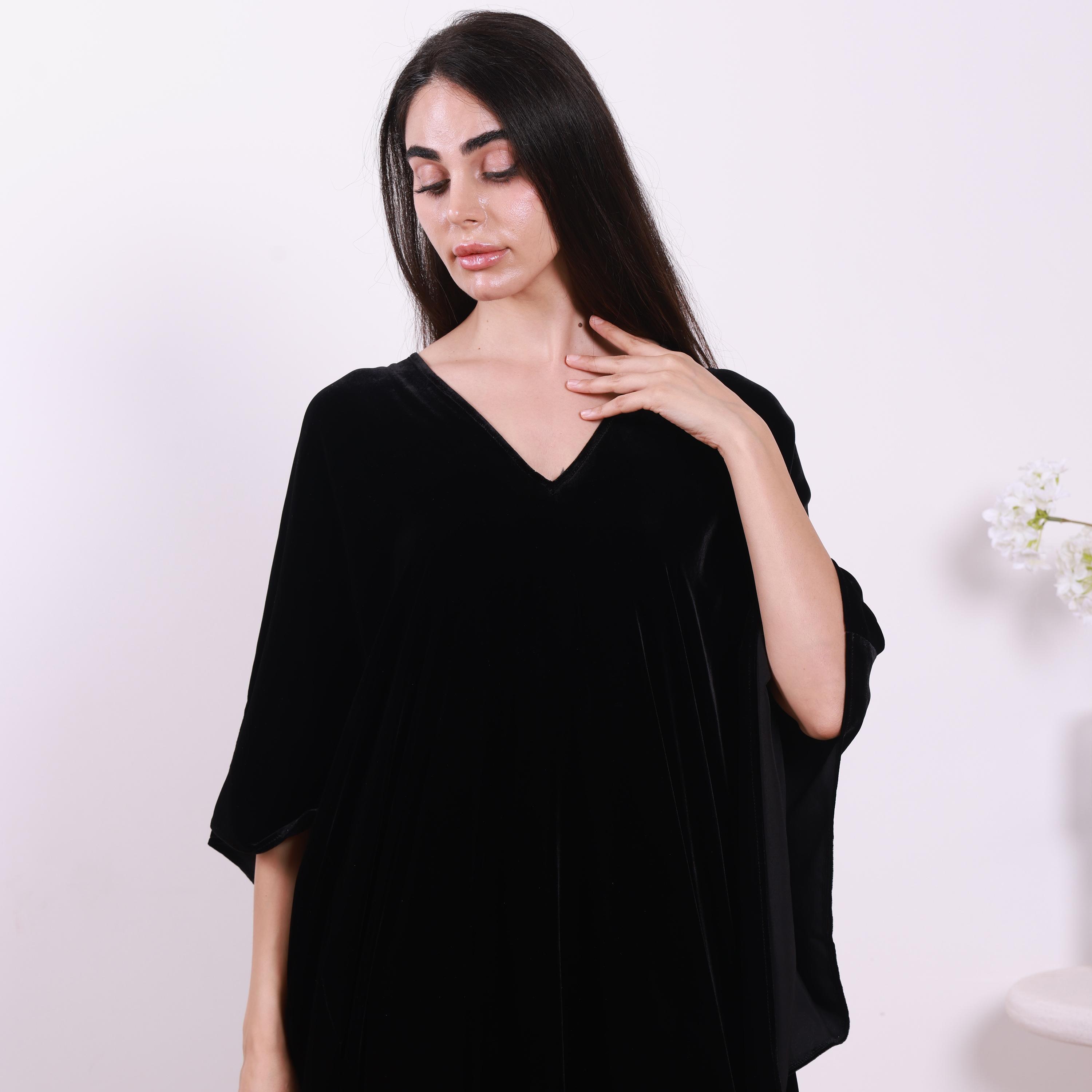 Nikias Black Velvet Women's Beautiful Cut Abaya-women-arabicclothing-abayas-image-3