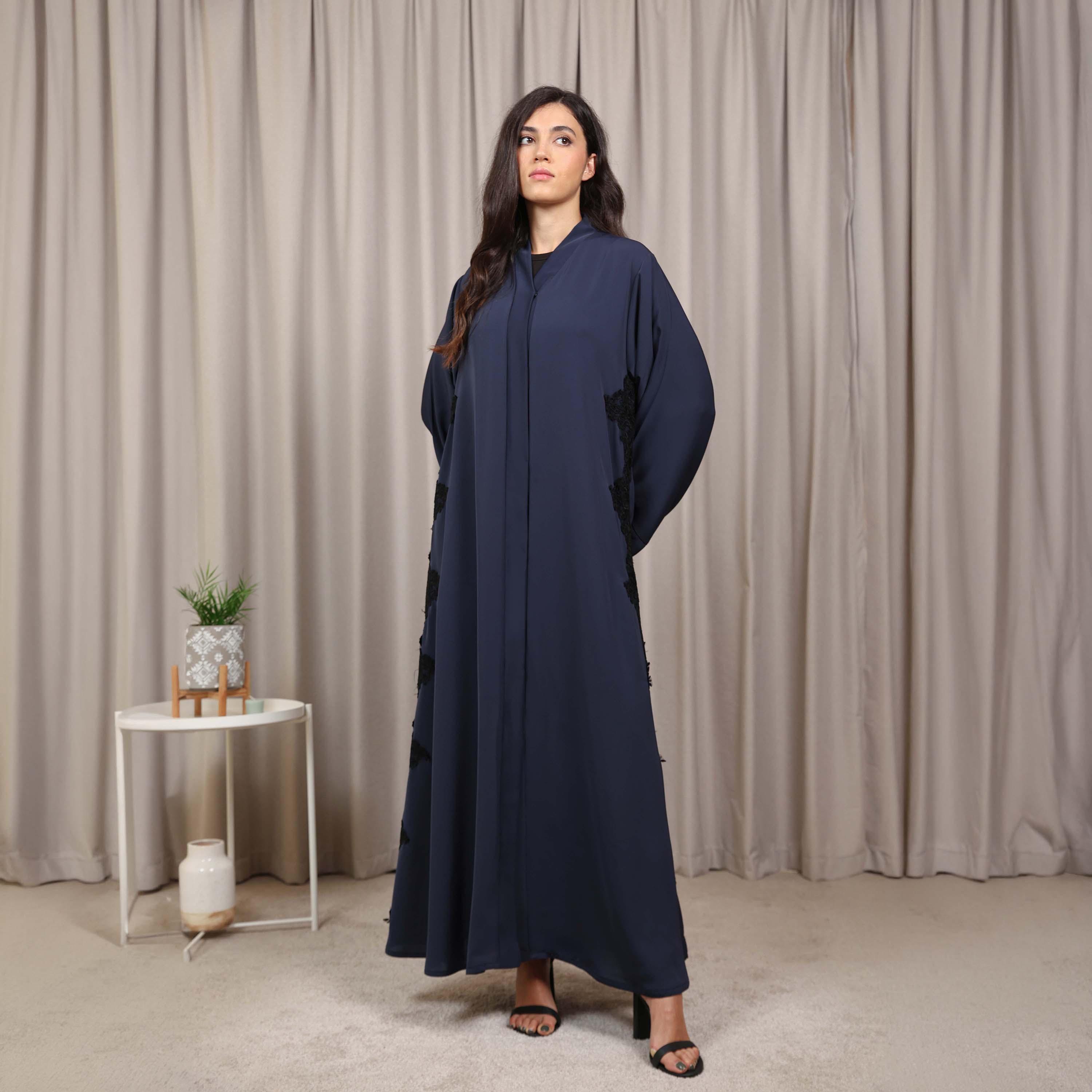 Nikias Navy Blue Lace Detailed Wide Sleeves Nida Women's Abaya-women-arabicclothing-abayas-image-1