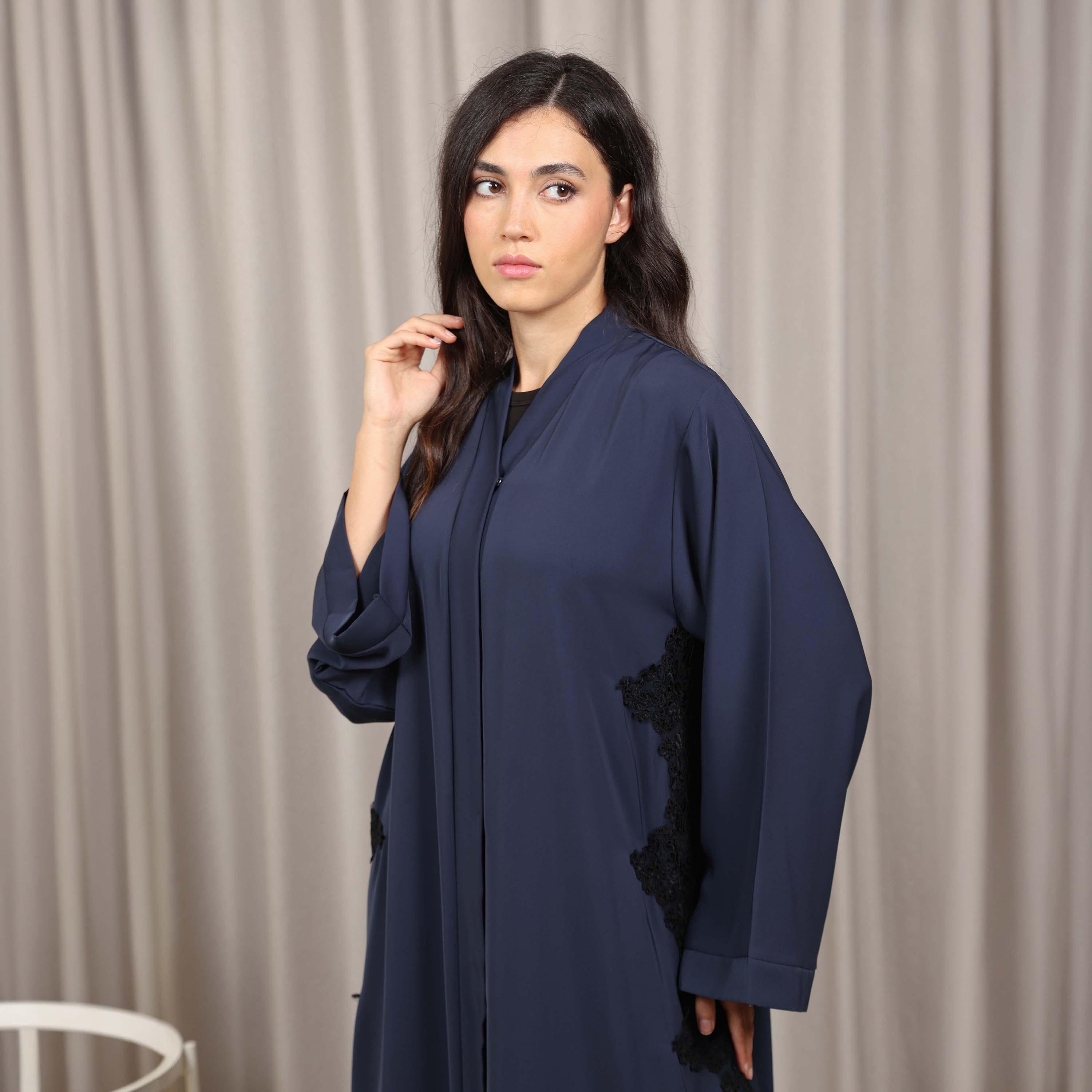 Nikias Navy Blue Lace Detailed Wide Sleeves Nida Women's Abaya-women-arabicclothing-abayas-image-2