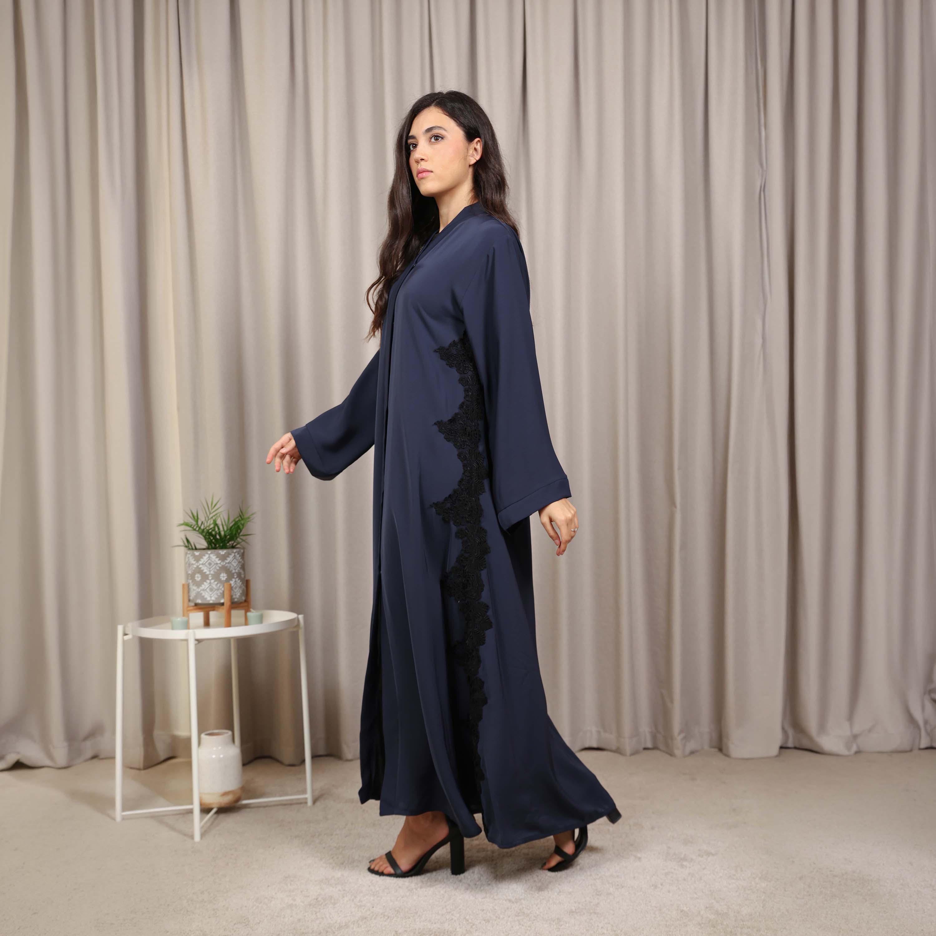 Nikias Navy Blue Lace Detailed Wide Sleeves Nida Women's Abaya-women-arabicclothing-abayas-image-3