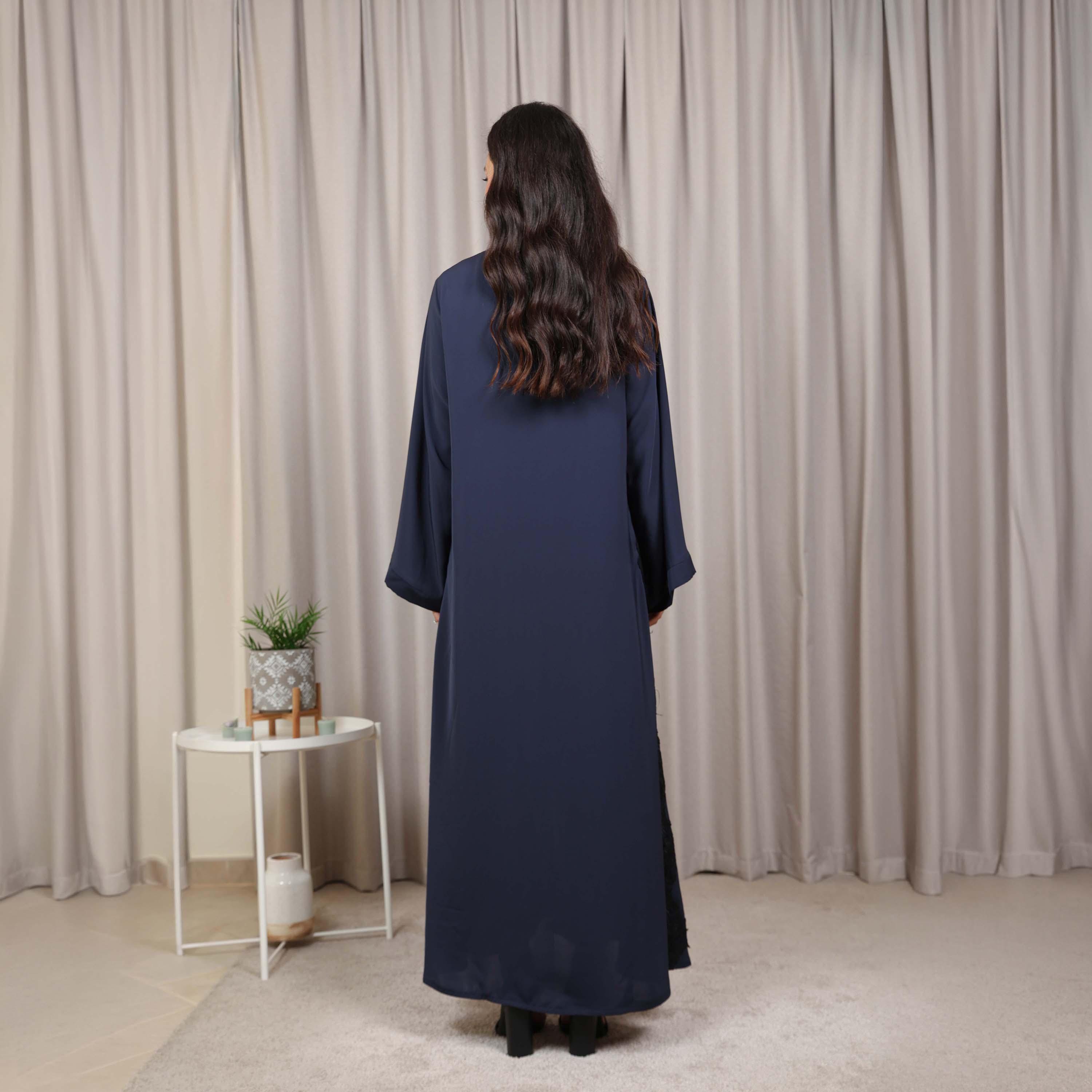 Nikias Navy Blue Lace Detailed Wide Sleeves Nida Women's Abaya-women-arabicclothing-abayas-image-4