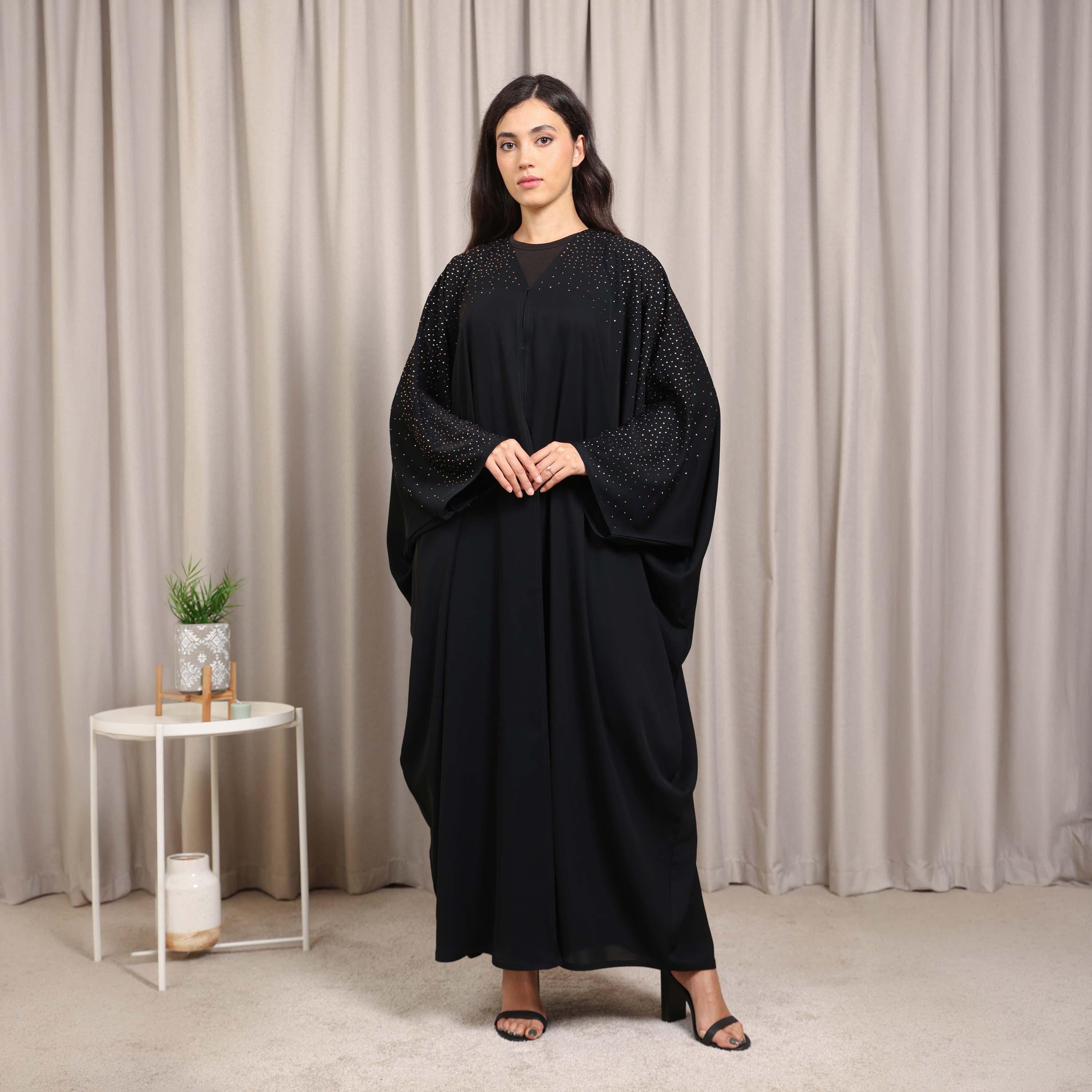 Nikias Black Hotfix Stone Detailed Butterfly Sleeves Nida Women's Bahraini Cut Abaya-women-arabicclothing-abayas-image-1