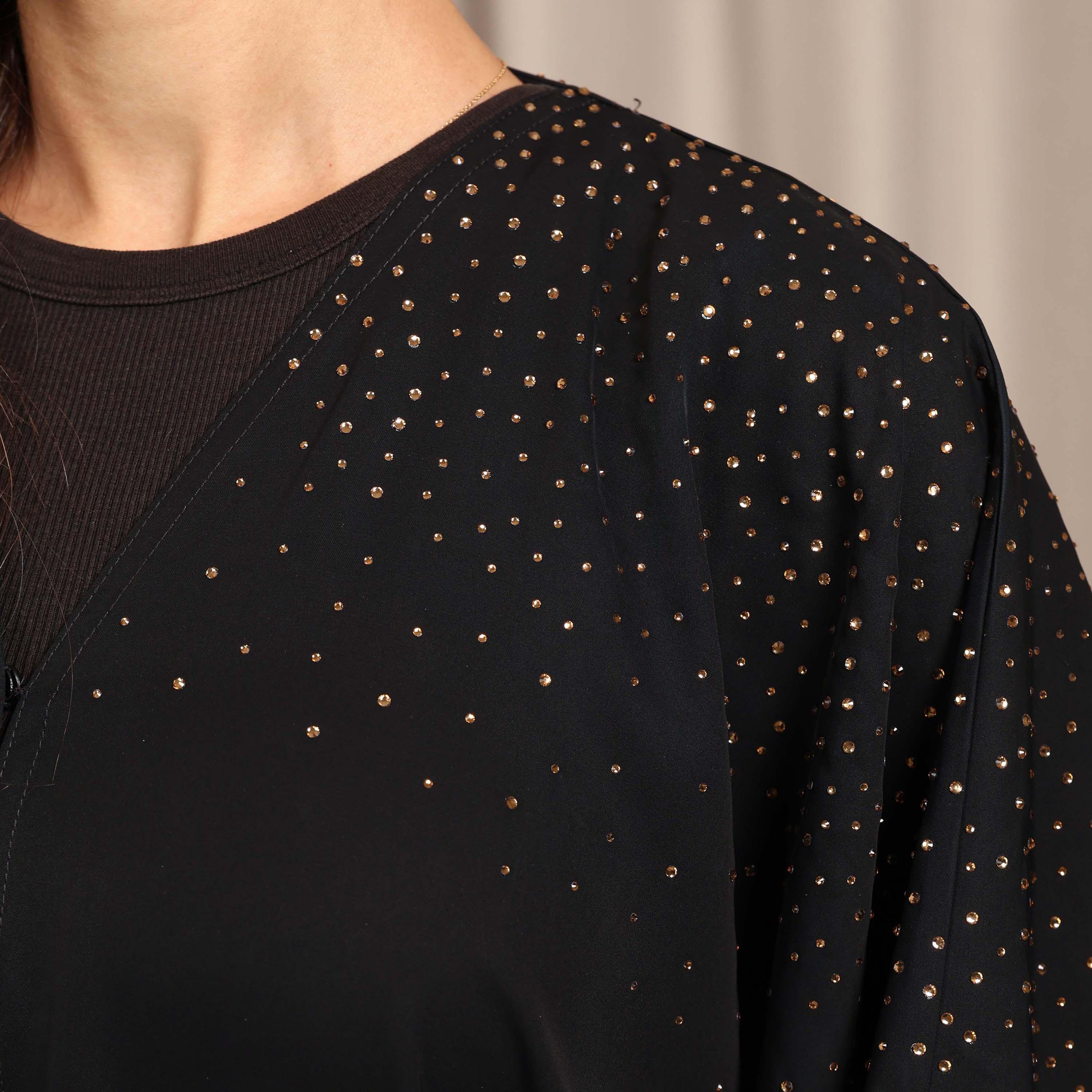 Nikias Black Hotfix Stone Detailed Butterfly Sleeves Nida Women's Bahraini Cut Abaya-women-arabicclothing-abayas-image-2