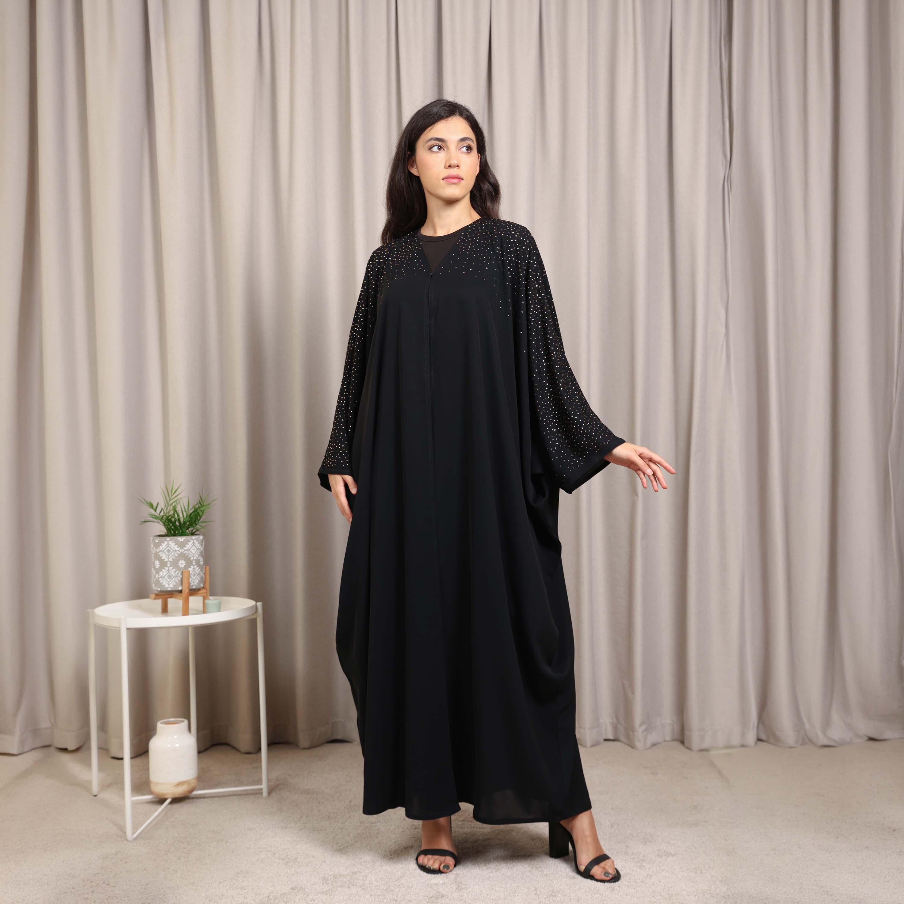 Nikias Black Hotfix Stone Detailed Butterfly Sleeves Nida Women's Bahraini Cut Abaya-women-arabicclothing-abayas-image-3