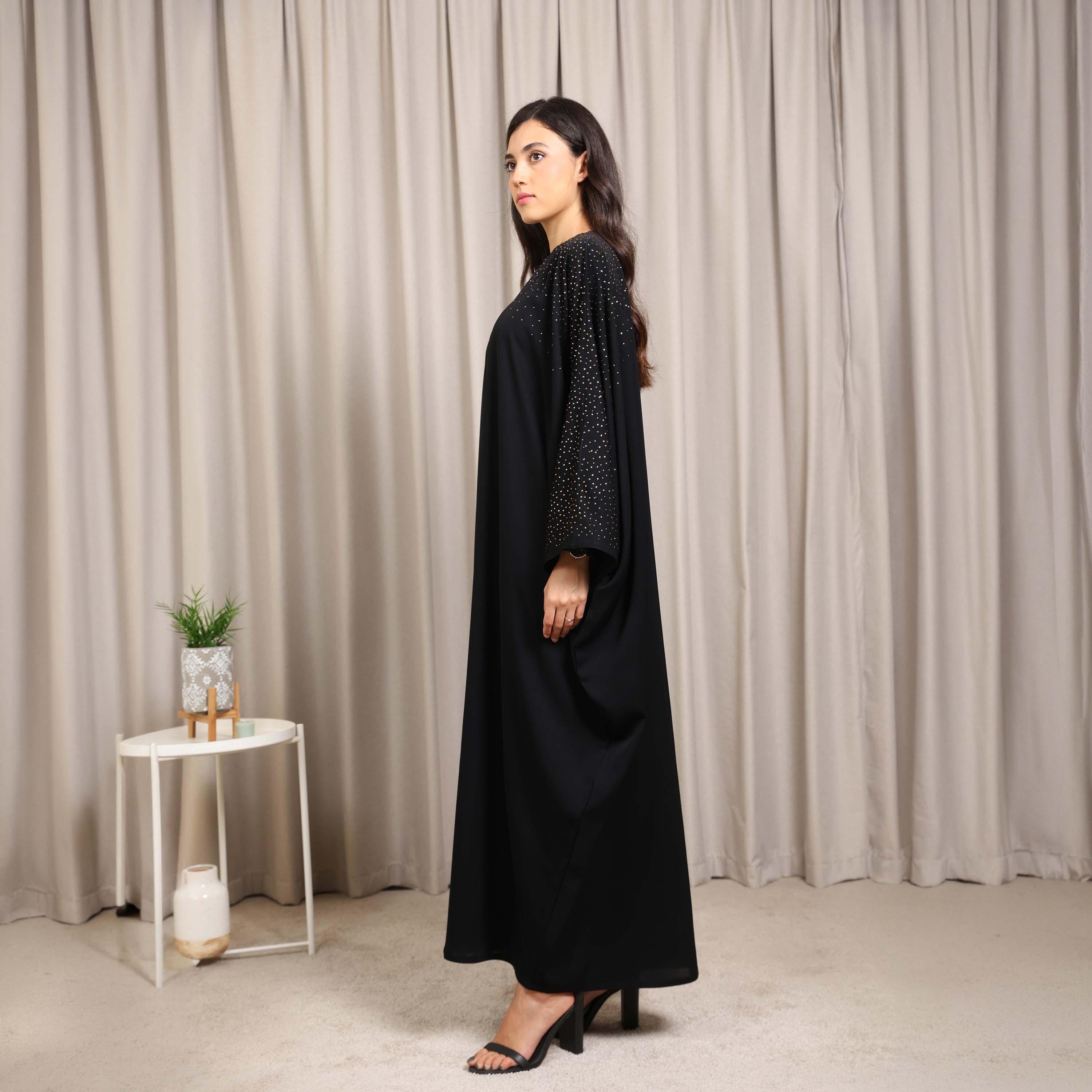 Nikias Black Hotfix Stone Detailed Butterfly Sleeves Nida Women's Bahraini Cut Abaya-women-arabicclothing-abayas-image-4