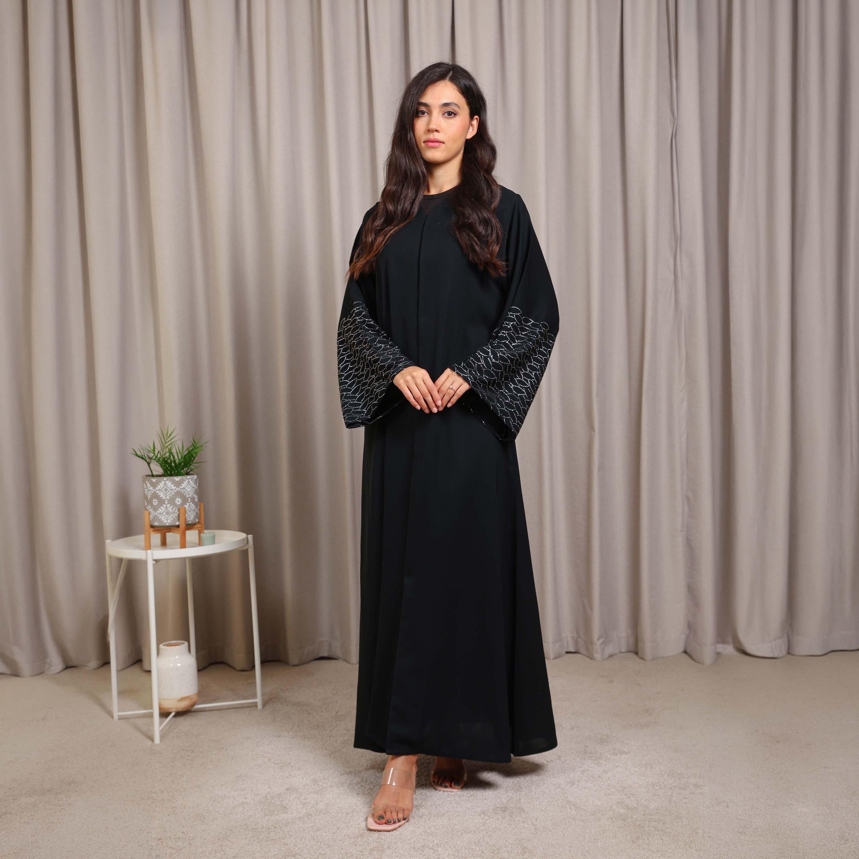 Nikias Black Embellished Wide Sleeves Nida Women's Abaya-women-arabicclothing-abayas-image-1