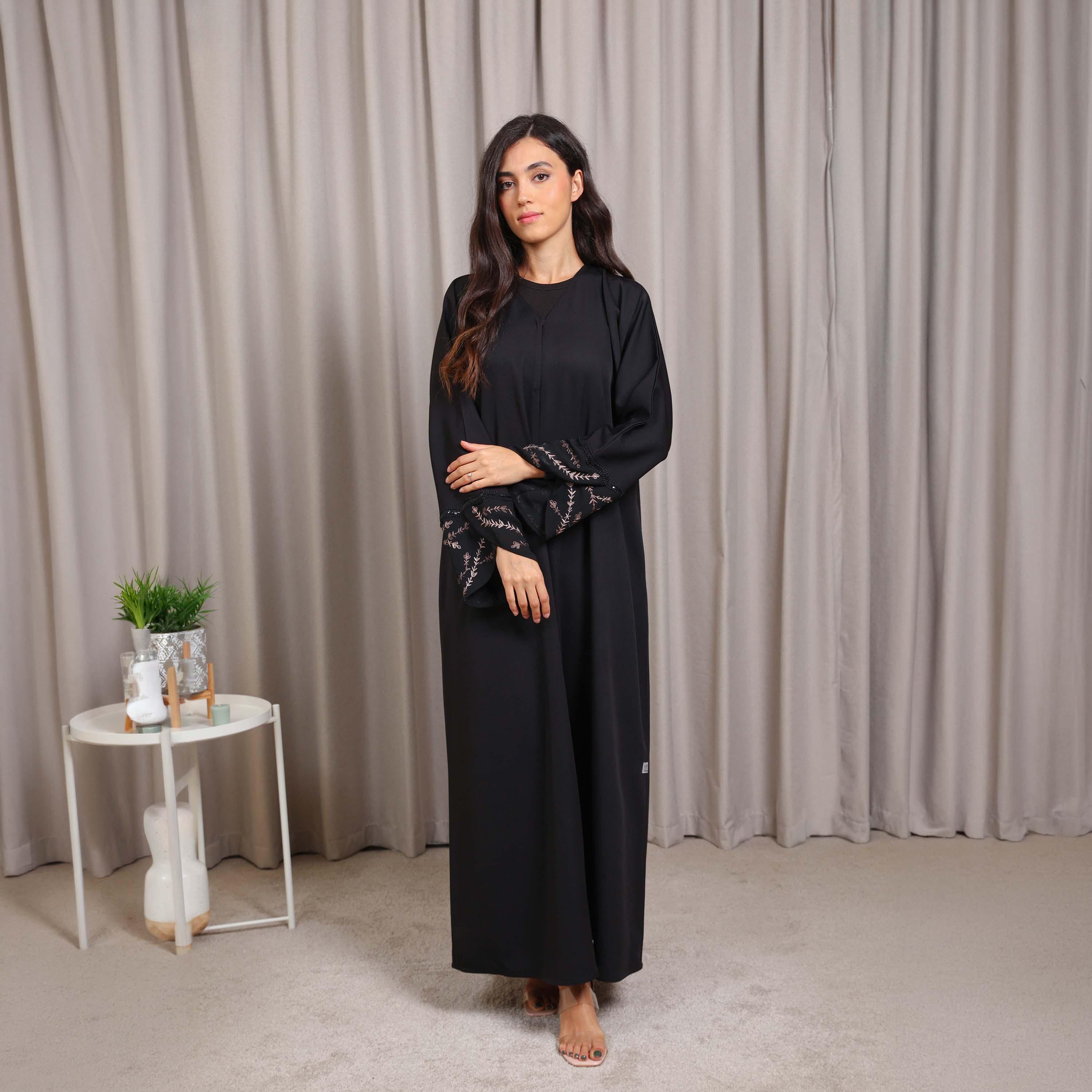 Nikias Black Vine Embroidered Sleeves Crepe Women's Abaya-women-arabicclothing-abayas-image-1