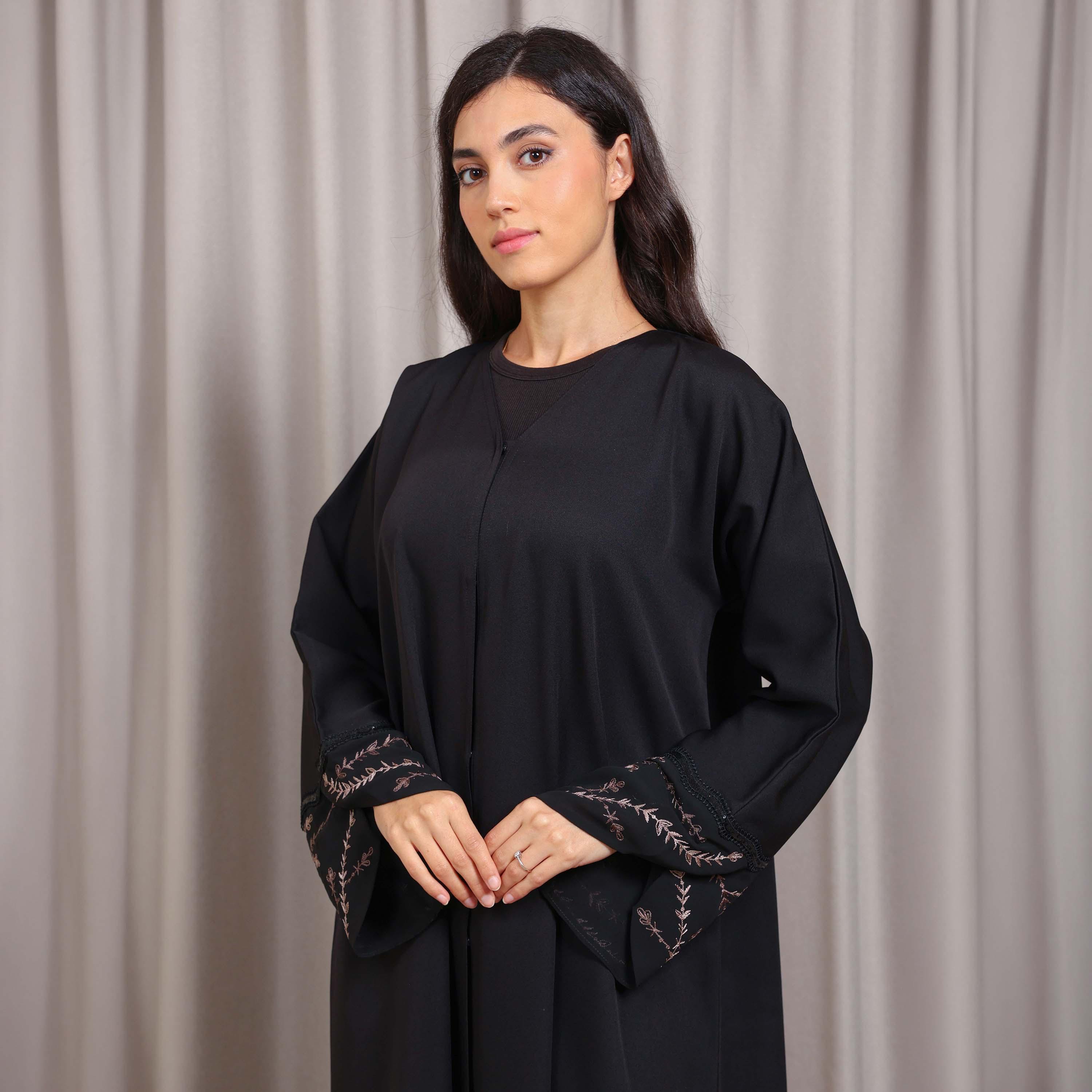 Nikias Black Vine Embroidered Sleeves Crepe Women's Abaya-women-arabicclothing-abayas-image-2