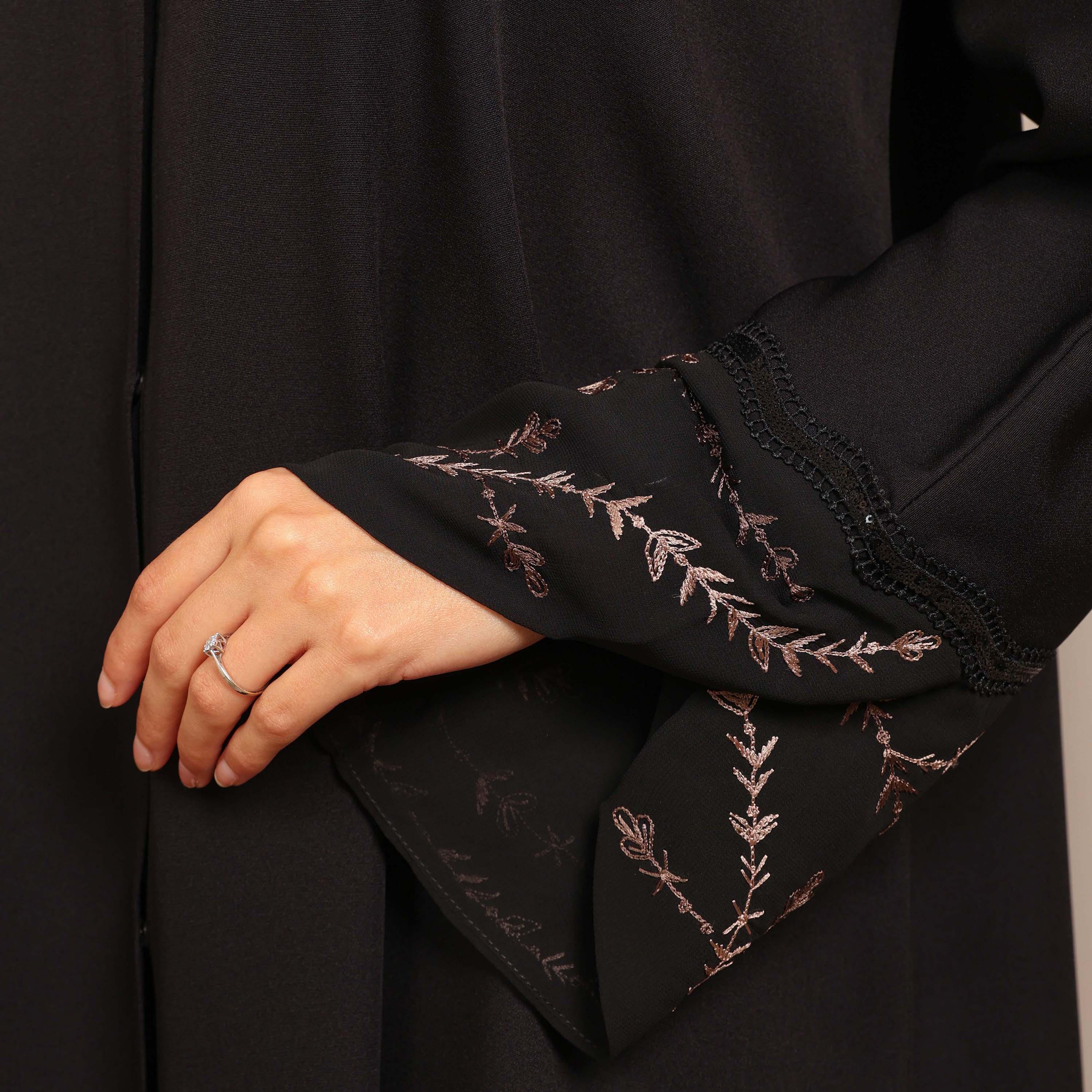 Nikias Black Vine Embroidered Sleeves Crepe Women's Abaya-women-arabicclothing-abayas-image-3