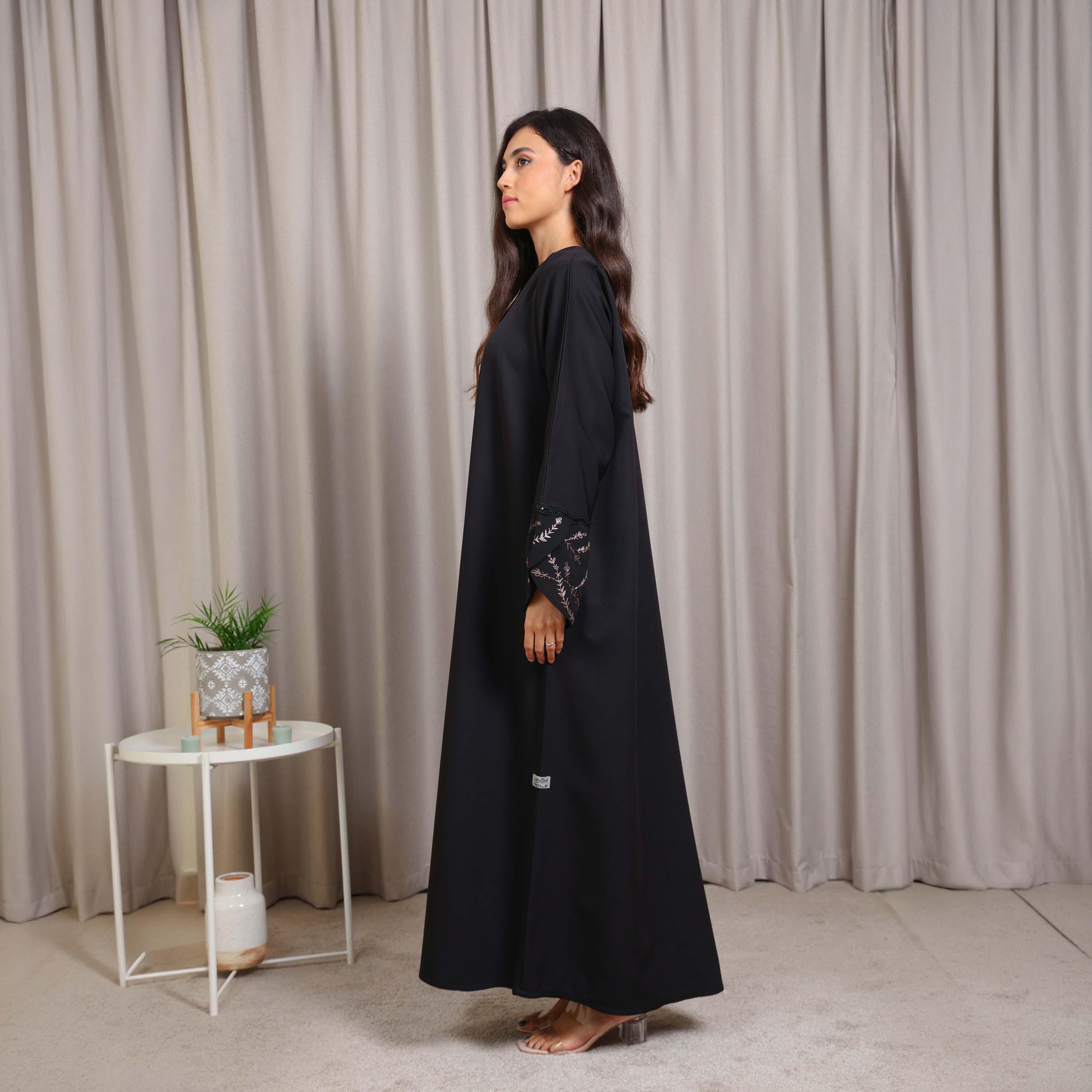 Nikias Black Vine Embroidered Sleeves Crepe Women's Abaya-women-arabicclothing-abayas-image-4