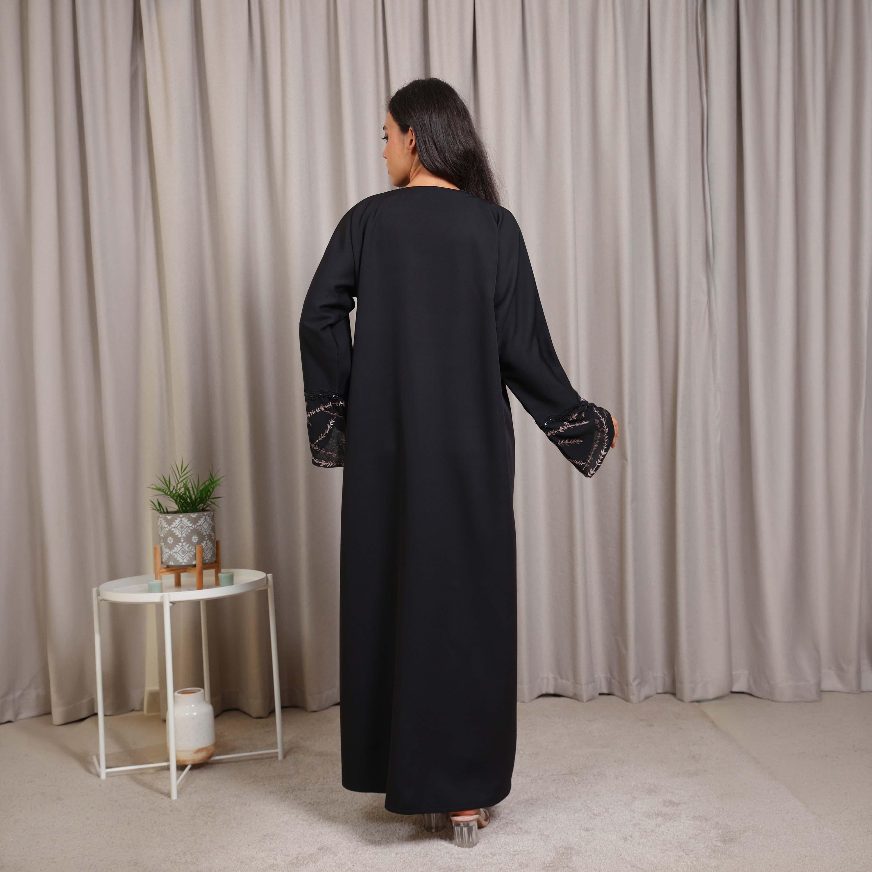 Nikias Black Vine Embroidered Sleeves Crepe Women's Abaya-women-arabicclothing-abayas-image-5