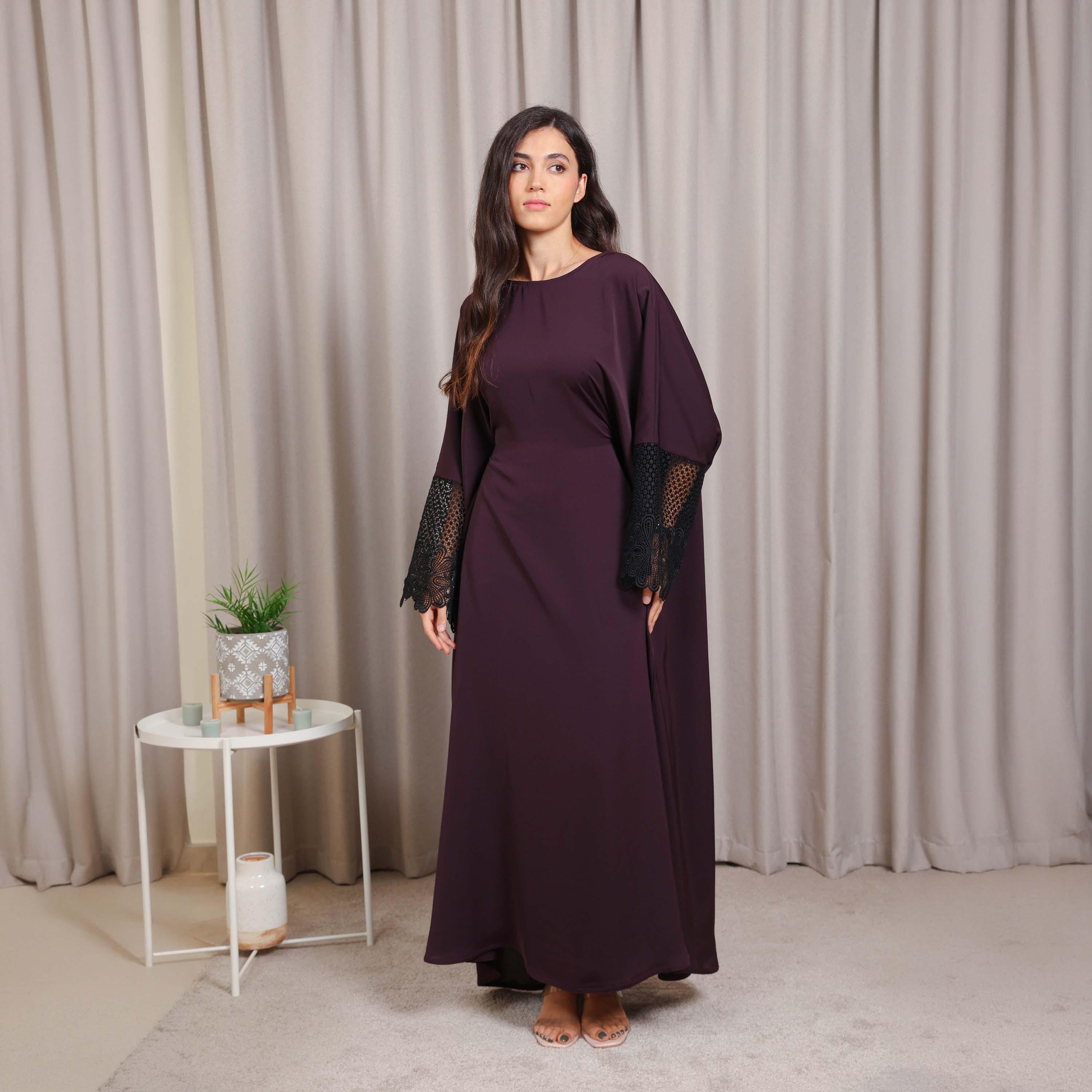 Nikias Purple Wide Sleeves Nida Women's Butterfly Cut Abaya-women-arabicclothing-abayas-image-1