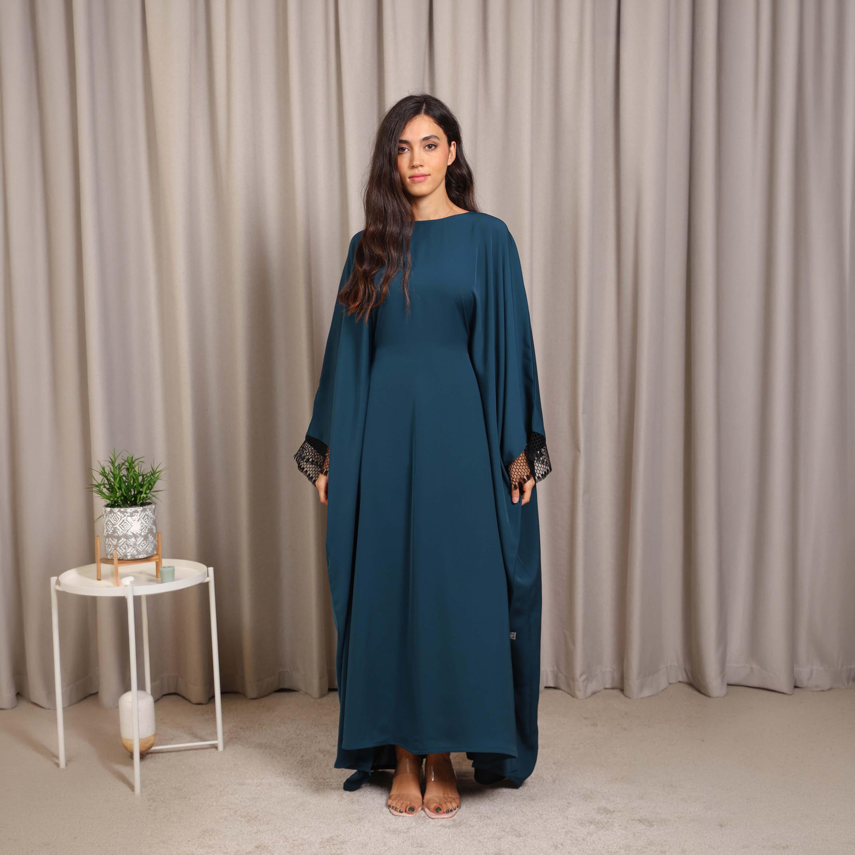 Nikias Navy Blue Wide Sleeves Nida Women's Butterfly Cut Abaya-women-arabicclothing-abayas-image-1