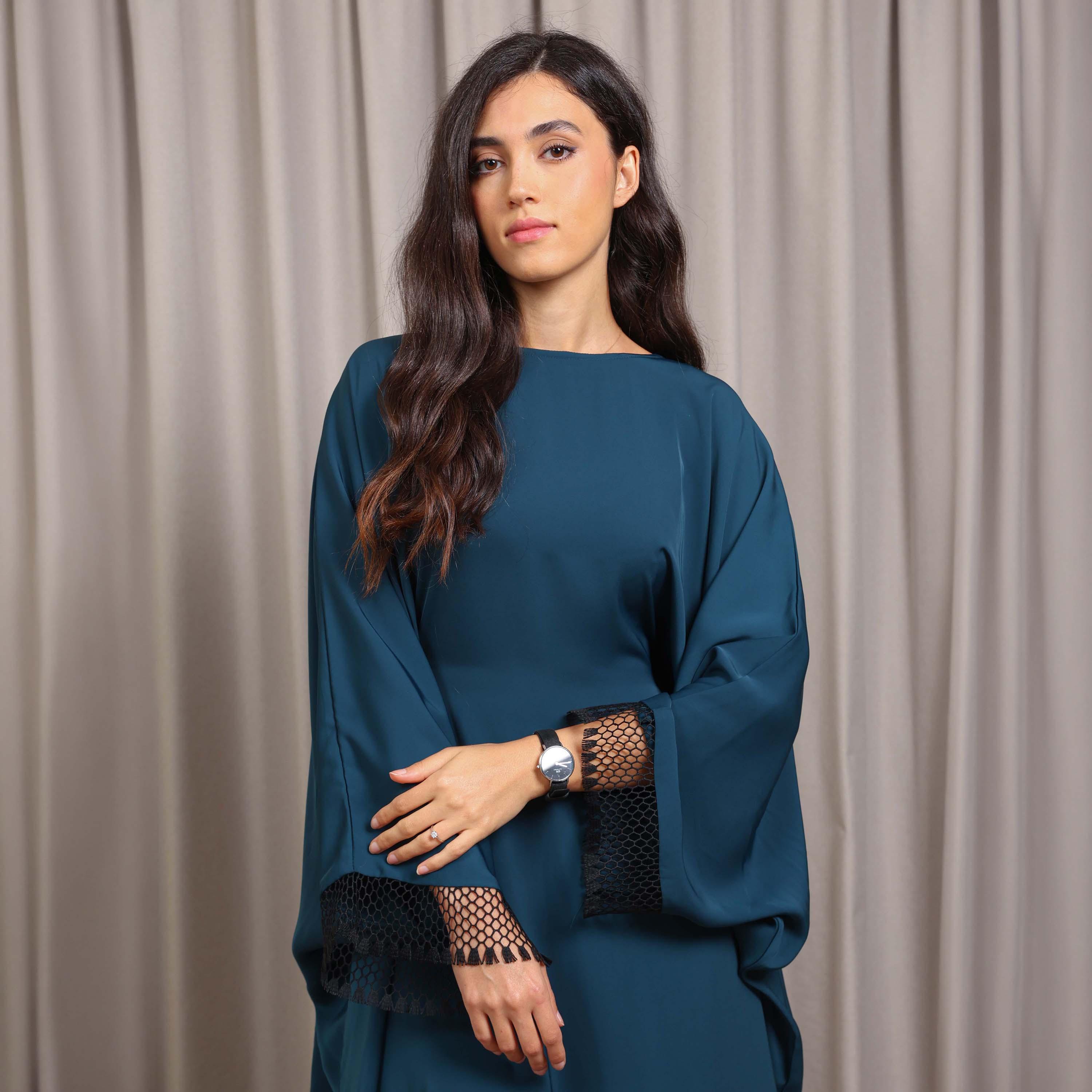 Nikias Navy Blue Wide Sleeves Nida Women's Butterfly Cut Abaya-women-arabicclothing-abayas-image-2