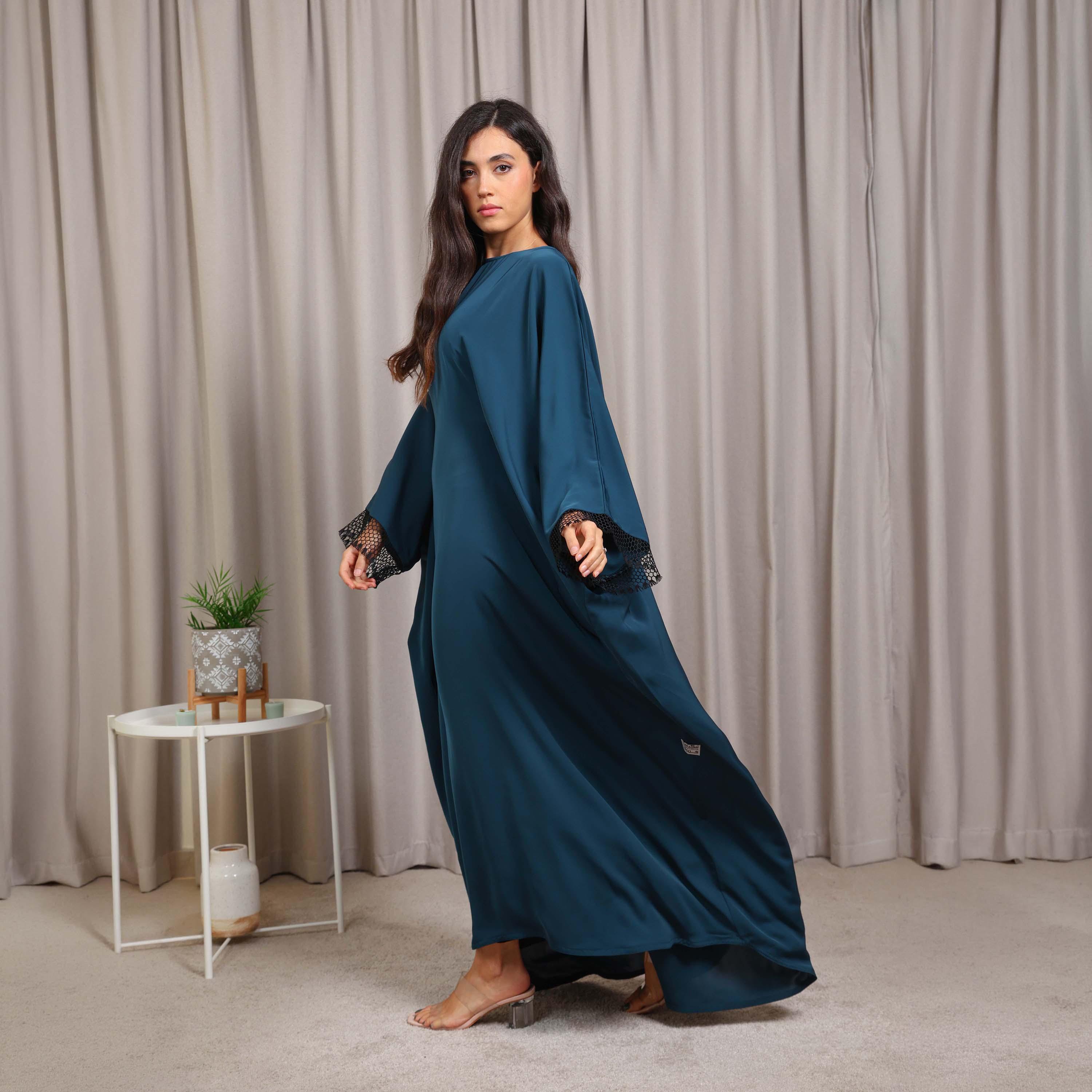 Nikias Navy Blue Wide Sleeves Nida Women's Butterfly Cut Abaya-women-arabicclothing-abayas-image-3