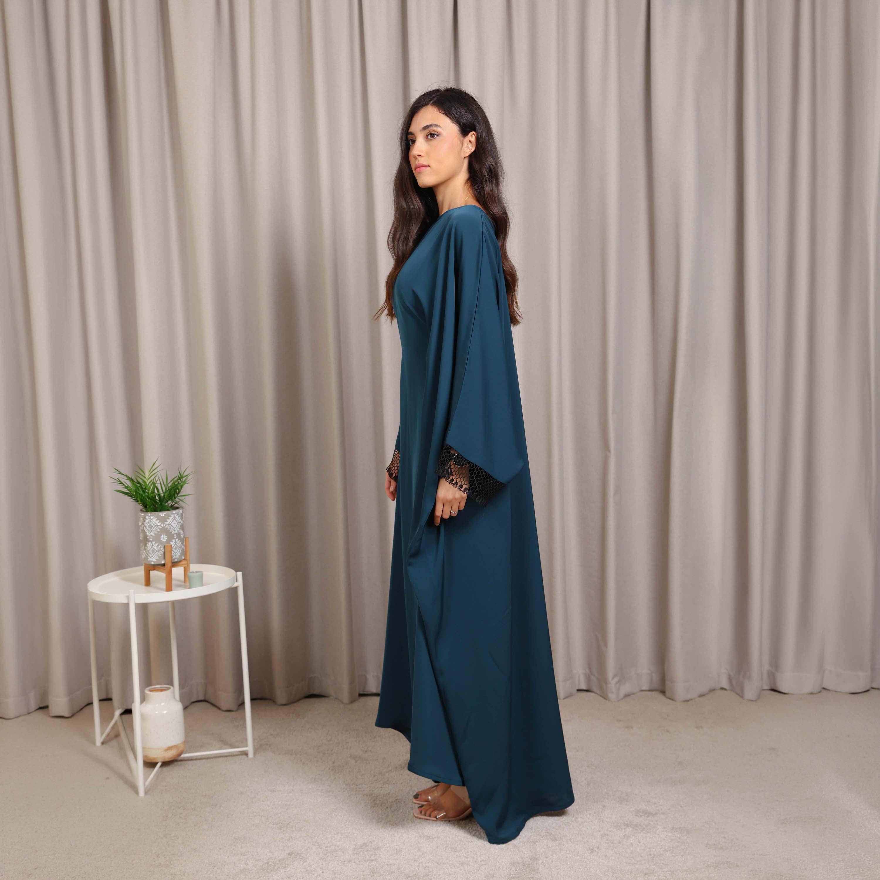 Nikias Navy Blue Wide Sleeves Nida Women's Butterfly Cut Abaya-women-arabicclothing-abayas-image-4