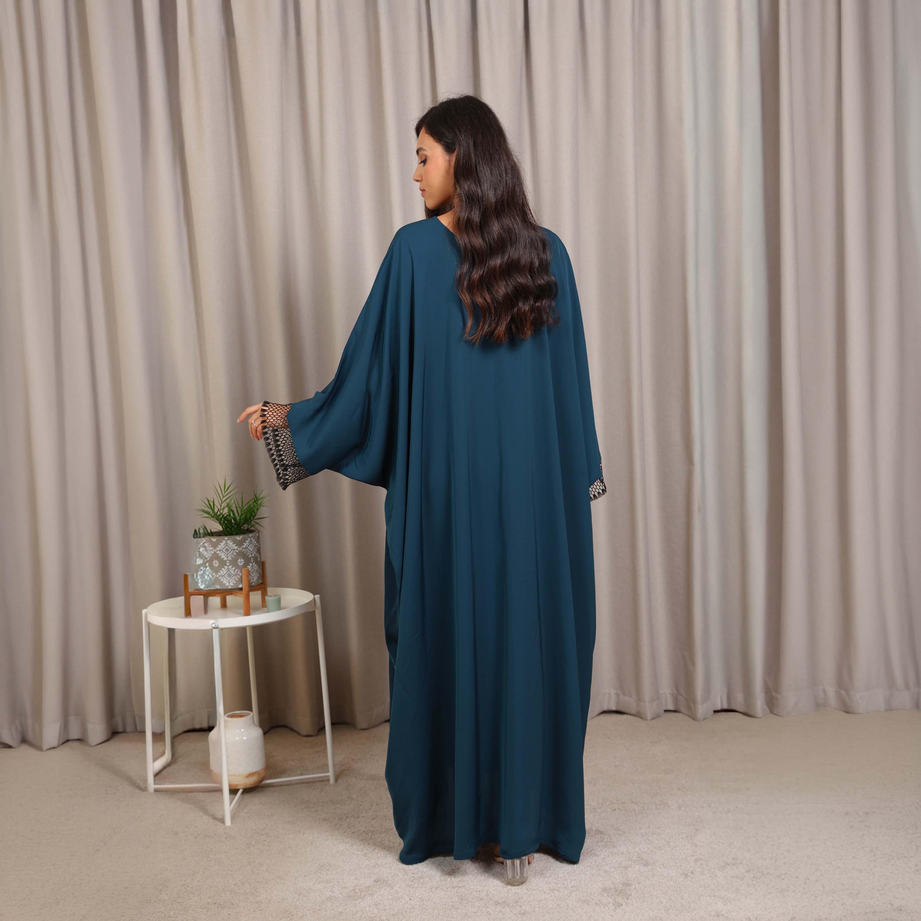 Nikias Navy Blue Wide Sleeves Nida Women's Butterfly Cut Abaya-women-arabicclothing-abayas-image-5
