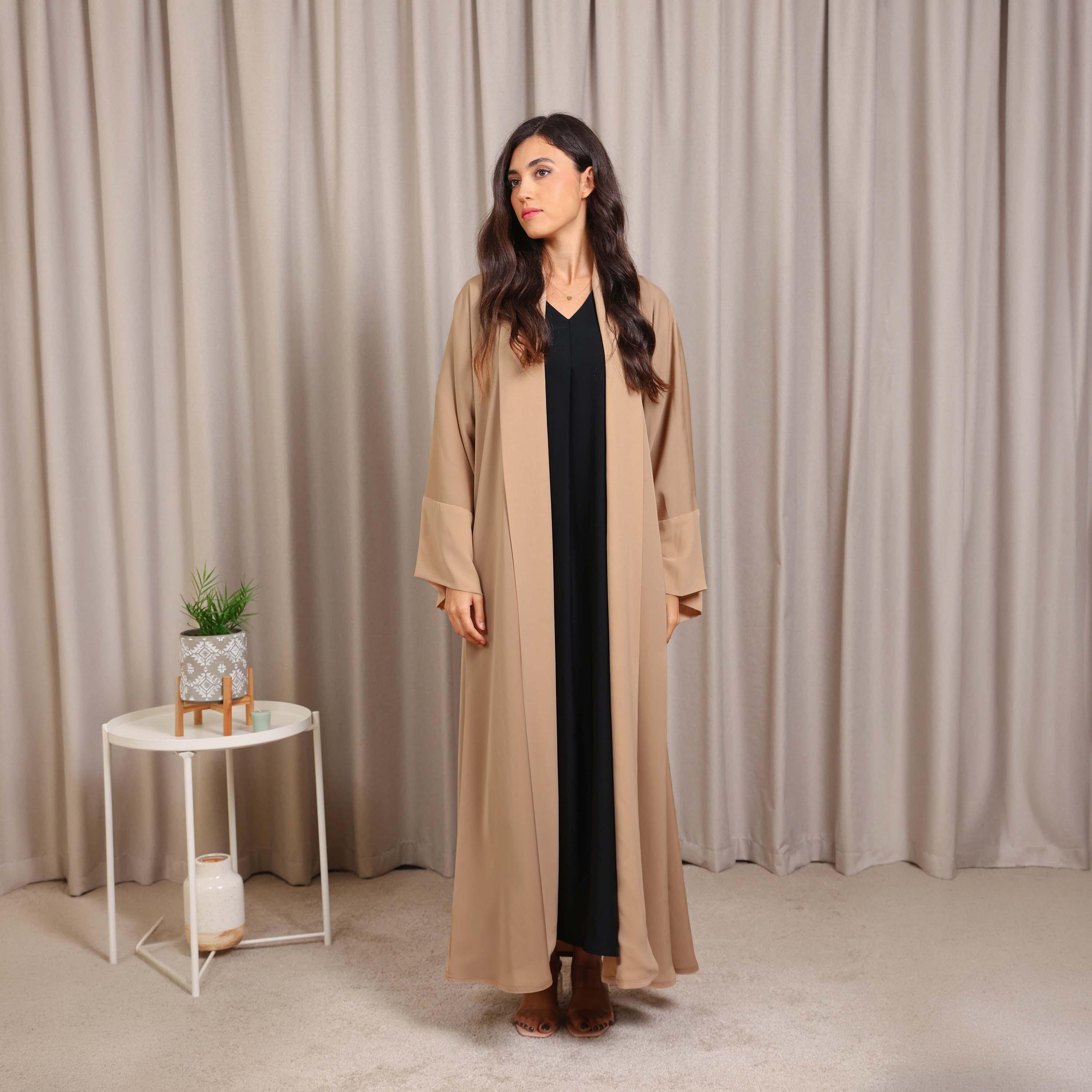 Nikias Beige Wide Sleeves Nida Women's Abaya-women-arabicclothing-abayas-image-1
