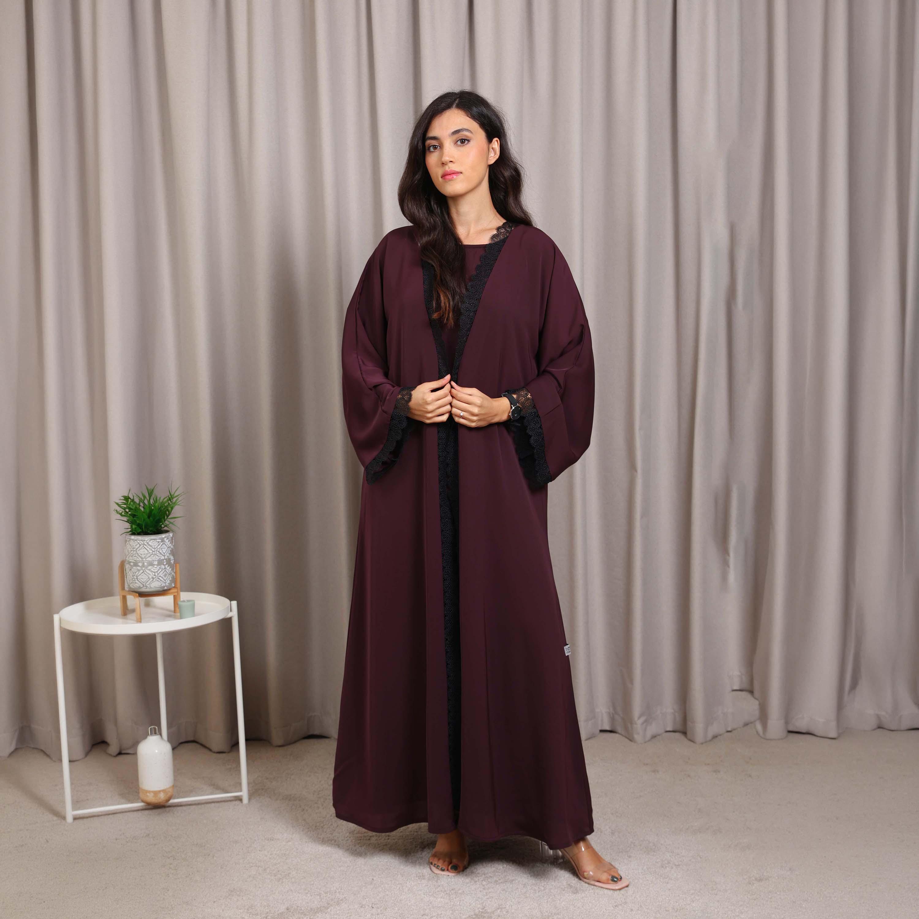 Nikias Red Lace Detailed Wide Sleeves Nida Women's Abaya-women-arabicclothing-abayas-image-1