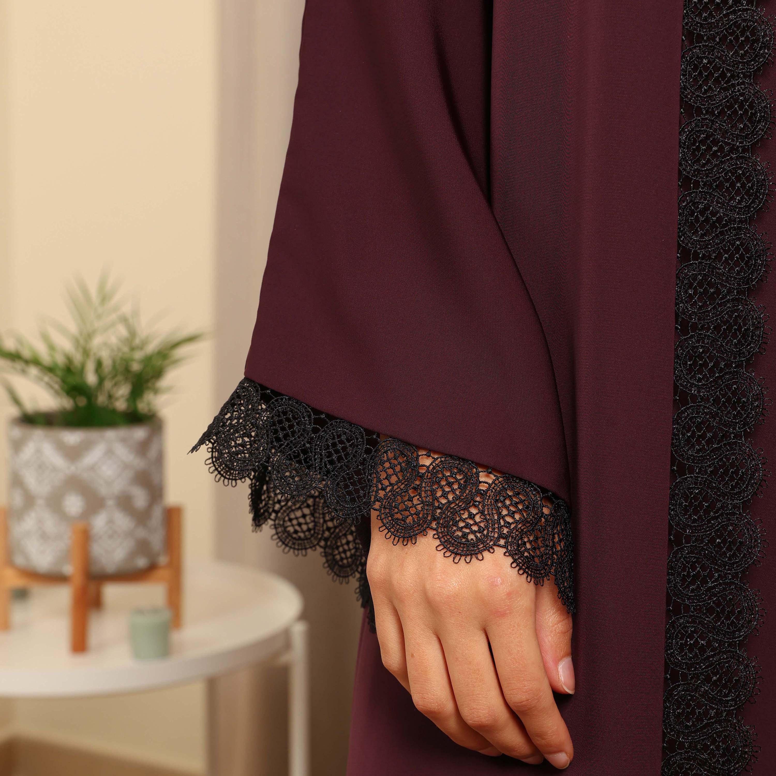 Nikias Red Lace Detailed Wide Sleeves Nida Women's Abaya-women-arabicclothing-abayas-image-2