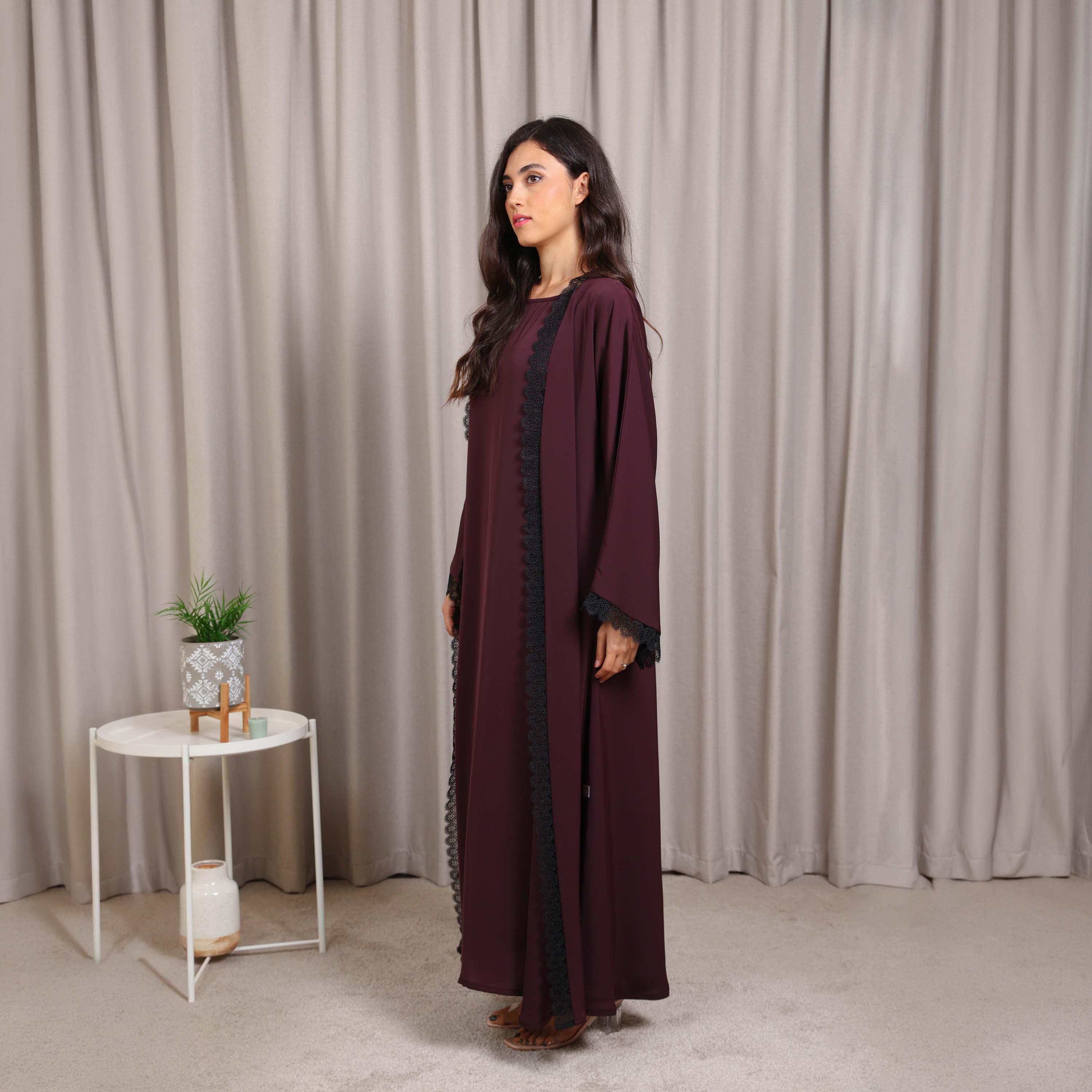 Nikias Red Lace Detailed Wide Sleeves Nida Women's Abaya-women-arabicclothing-abayas-image-3