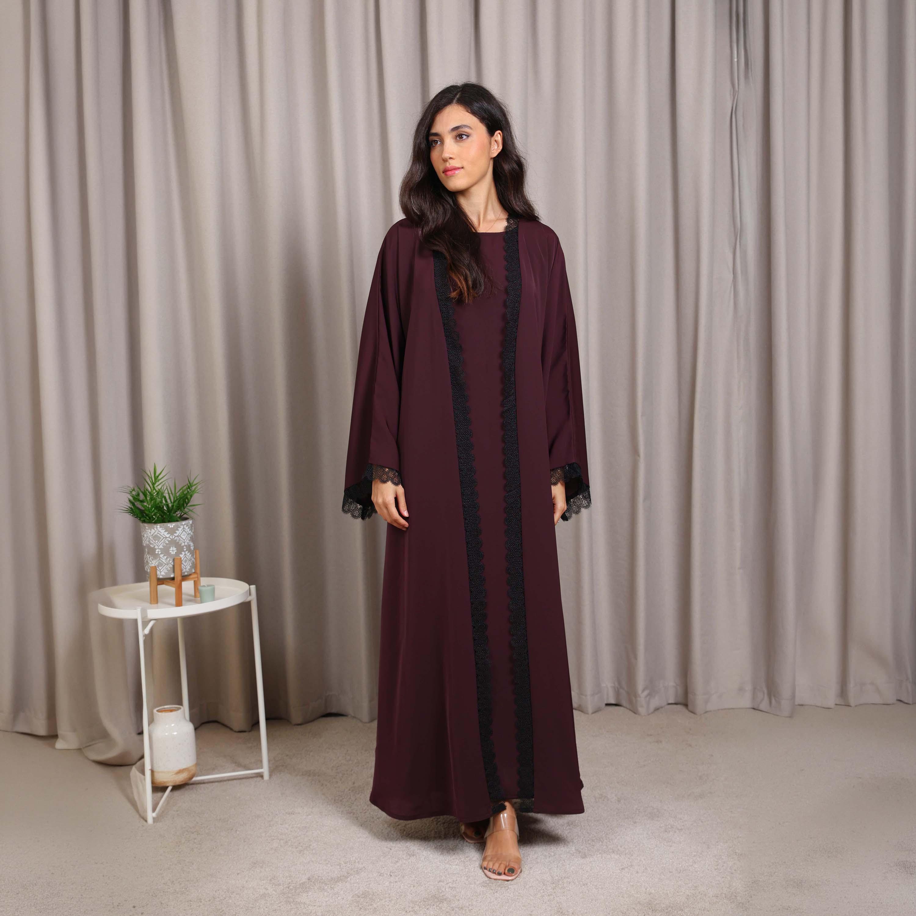 Nikias Red Lace Detailed Wide Sleeves Nida Women's Abaya-women-arabicclothing-abayas-image-4
