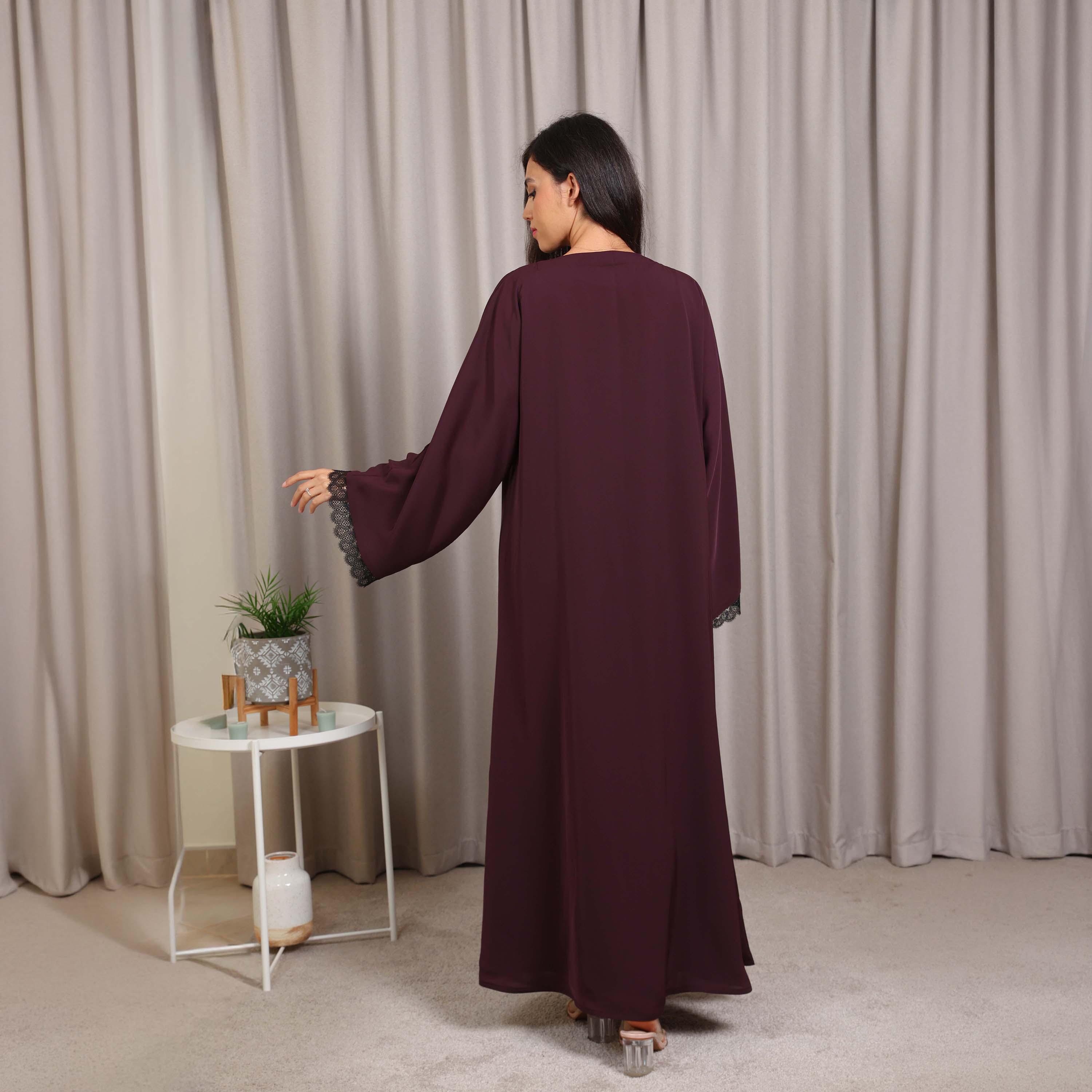Nikias Red Lace Detailed Wide Sleeves Nida Women's Abaya-women-arabicclothing-abayas-image-5
