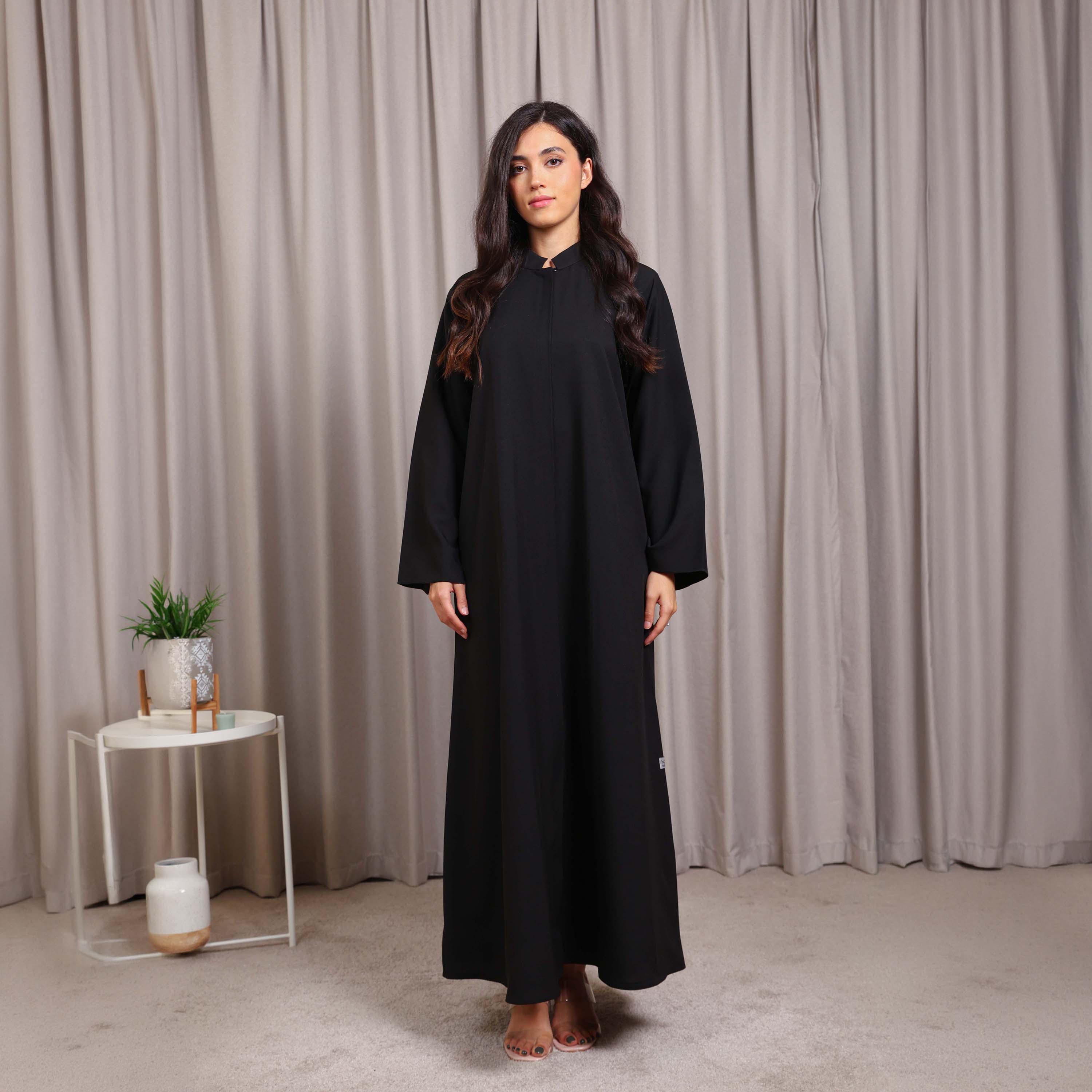 Nikias Black Mandarin Collar Crepe Women's Abaya-women-arabicclothing-abayas-image-1
