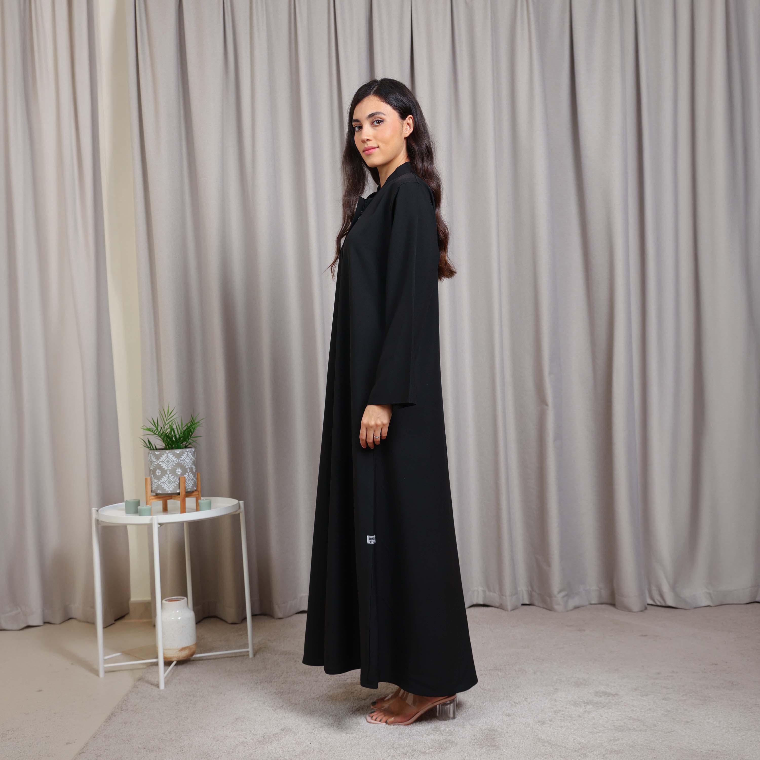Nikias Black Mandarin Collar Crepe Women's Abaya-women-arabicclothing-abayas-image-3