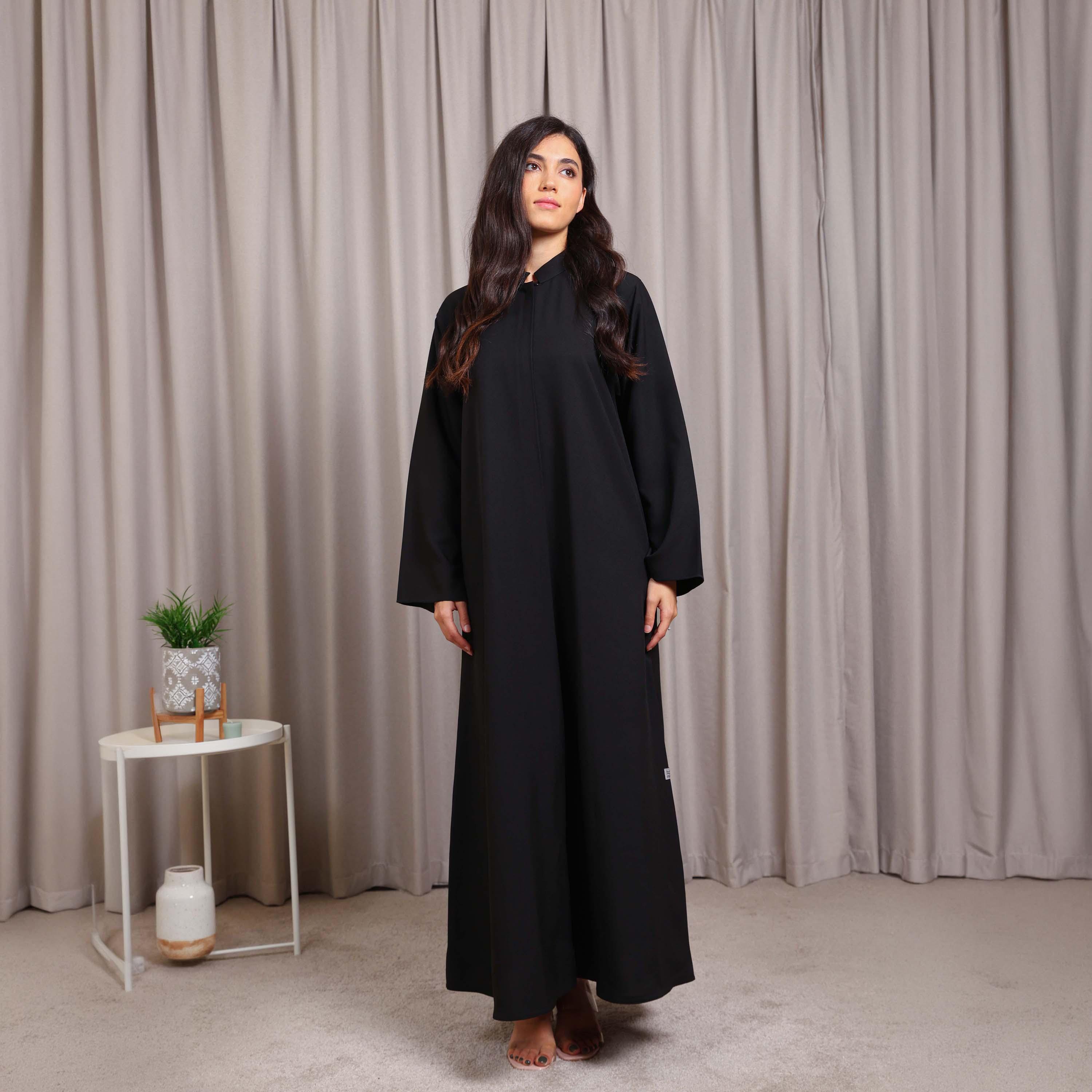 Nikias Black Mandarin Collar Crepe Women's Abaya-women-arabicclothing-abayas-image-4