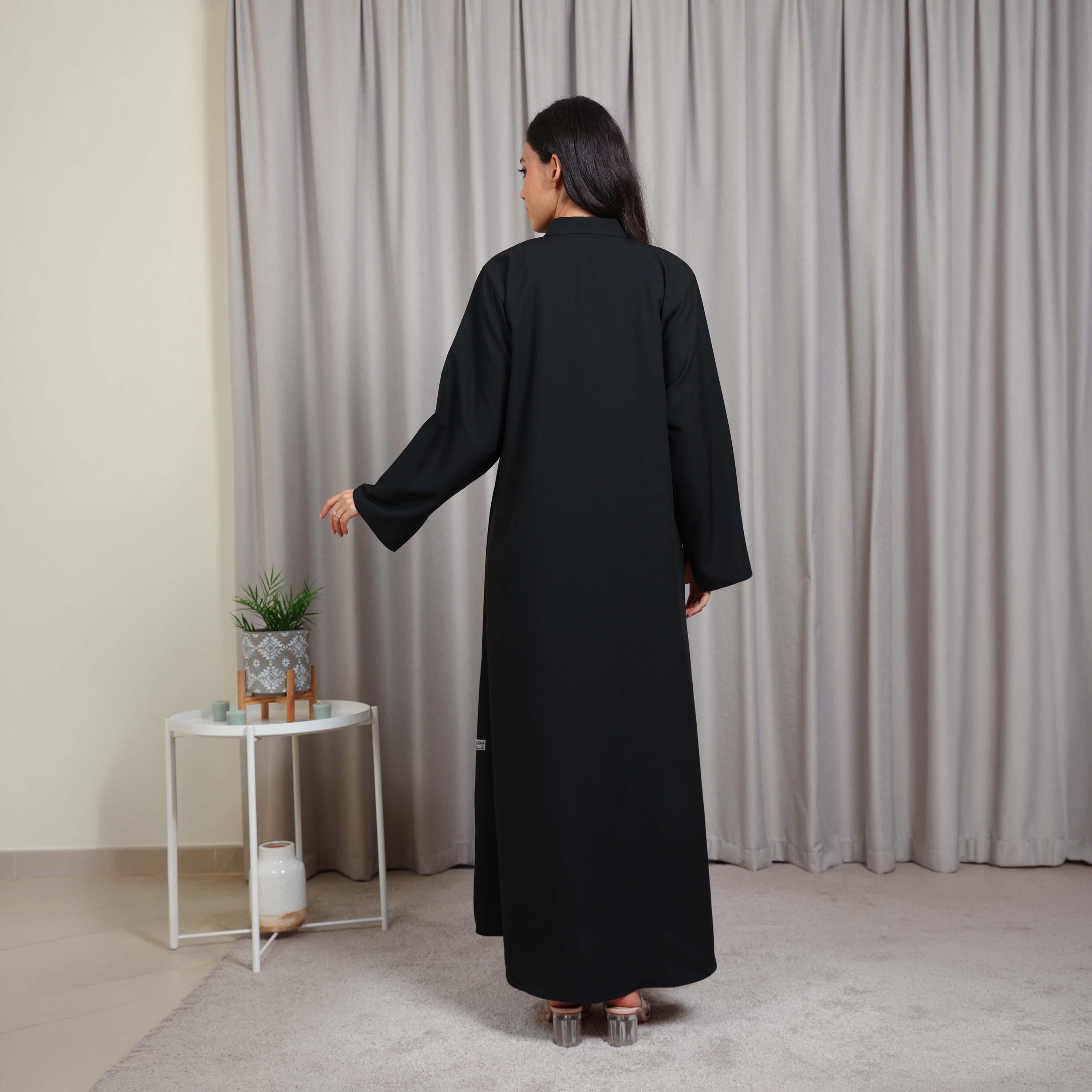 Nikias Black Mandarin Collar Crepe Women's Abaya-women-arabicclothing-abayas-image-5