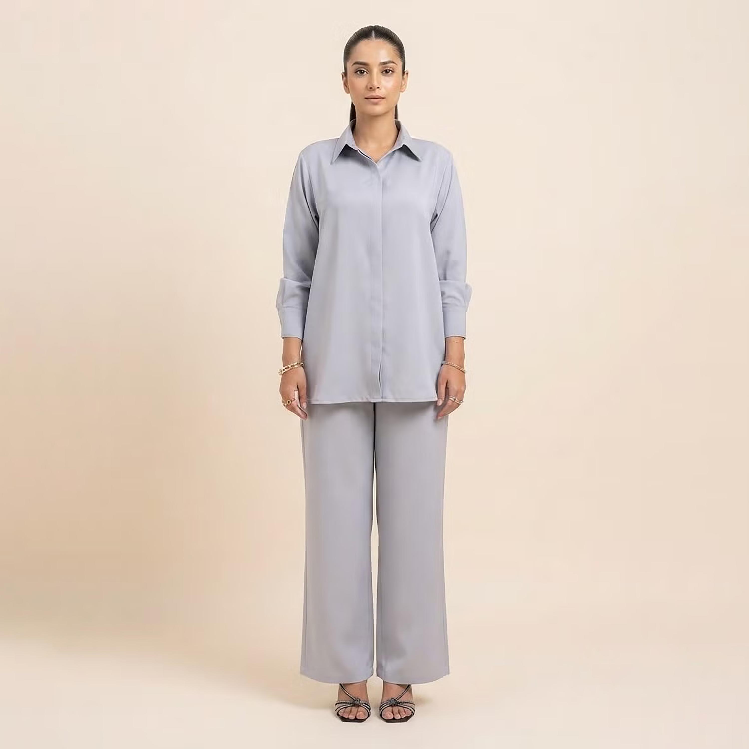 Nikias Light Blue Long Sleeves Collared Women's Shirt & Trousers Set-women-clothing-coordsets-image-1