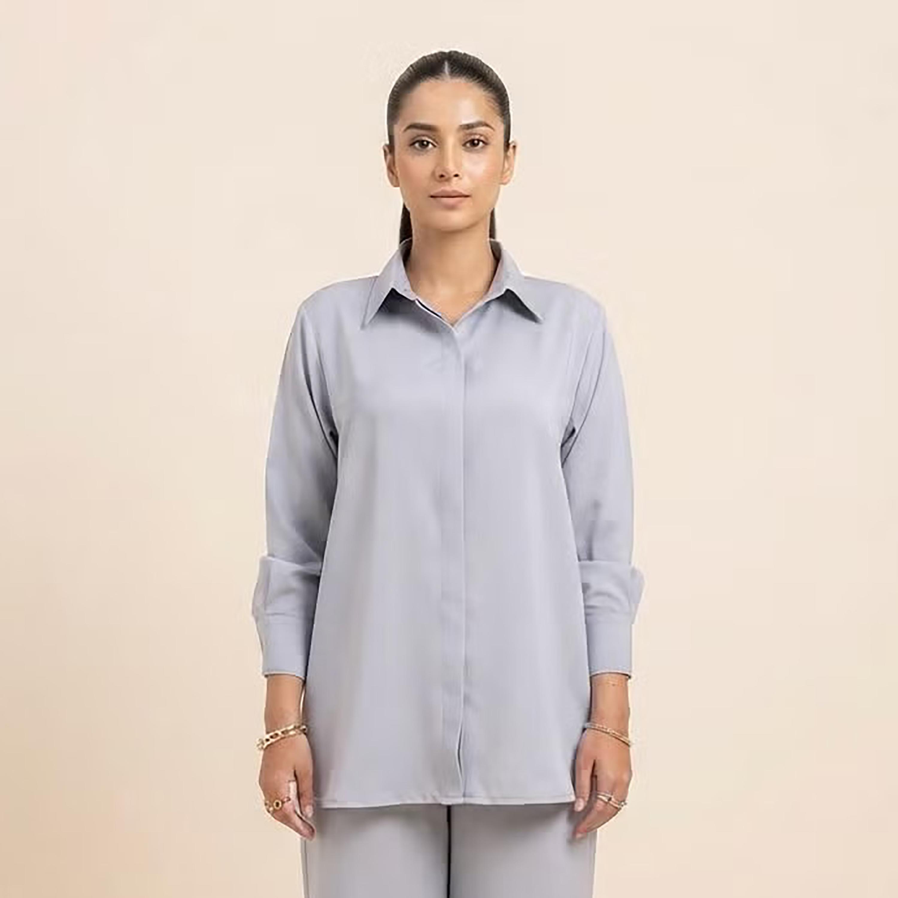 Nikias Light Blue Long Sleeves Collared Women's Shirt & Trousers Set-women-clothing-coordsets-image-2