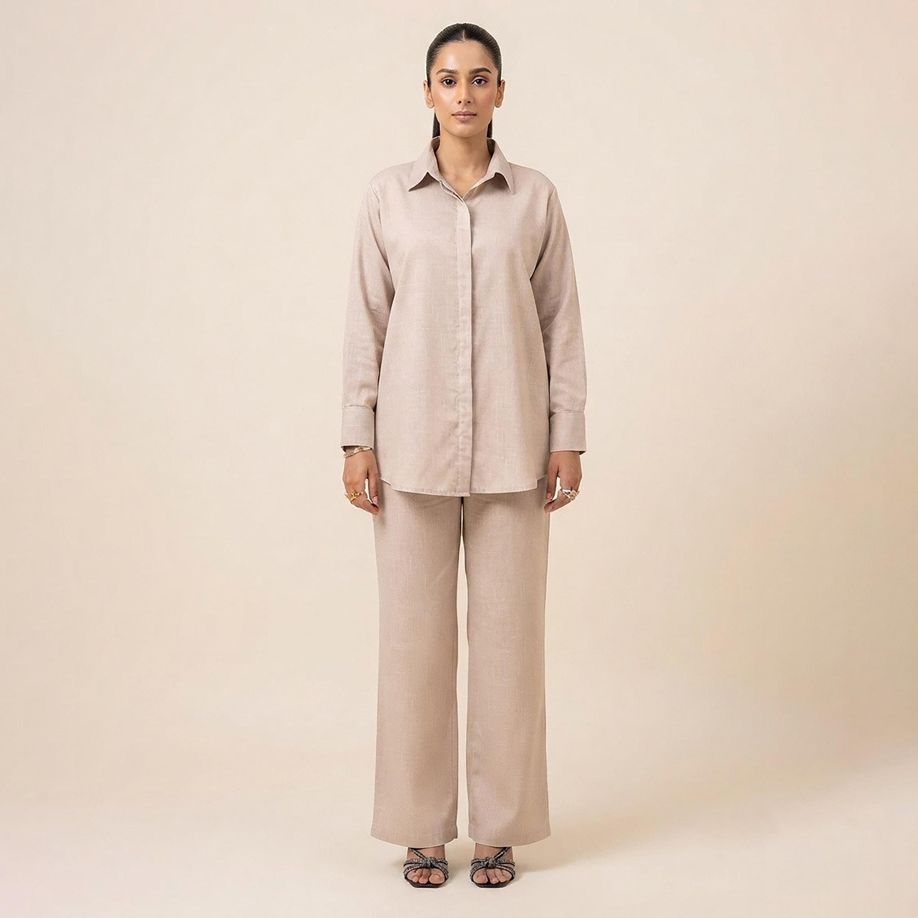 Nikias Beige Long Sleeves Collared Women's Shirt & Trousers Set-women-clothing-coordsets-image-1