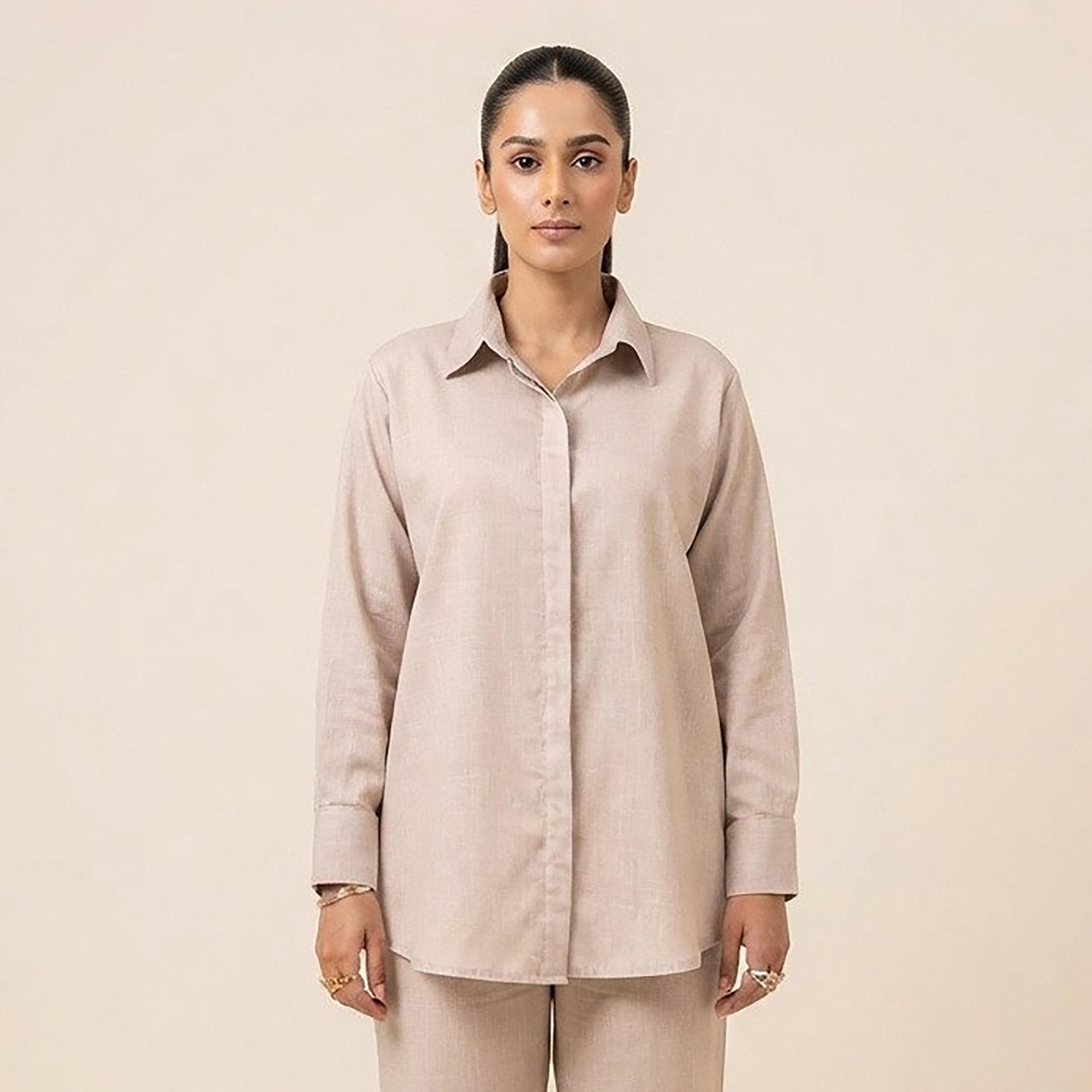 Nikias Beige Long Sleeves Collared Women's Shirt & Trousers Set-women-clothing-coordsets-image-2