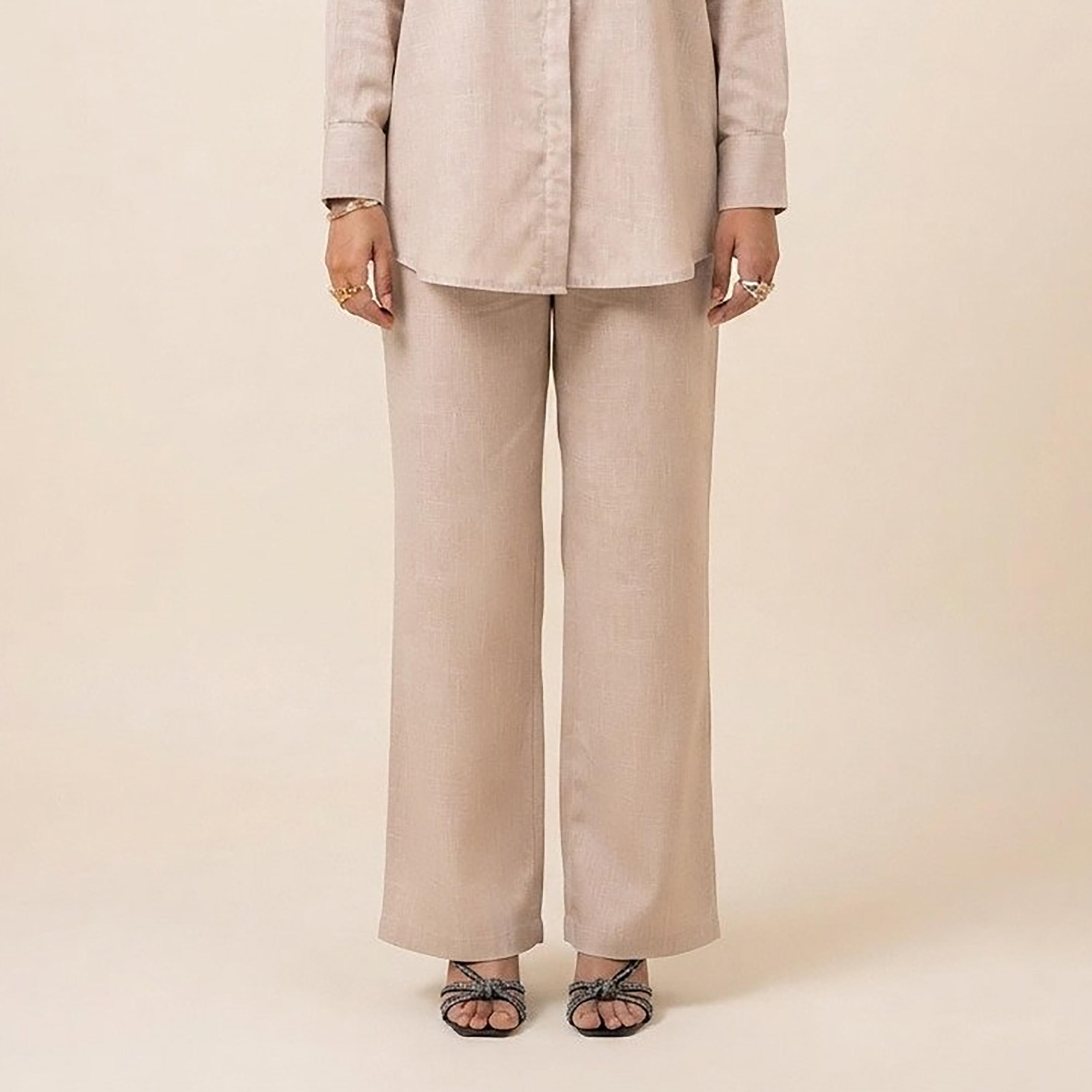 Nikias Beige Long Sleeves Collared Women's Shirt & Trousers Set-women-clothing-coordsets-image-3