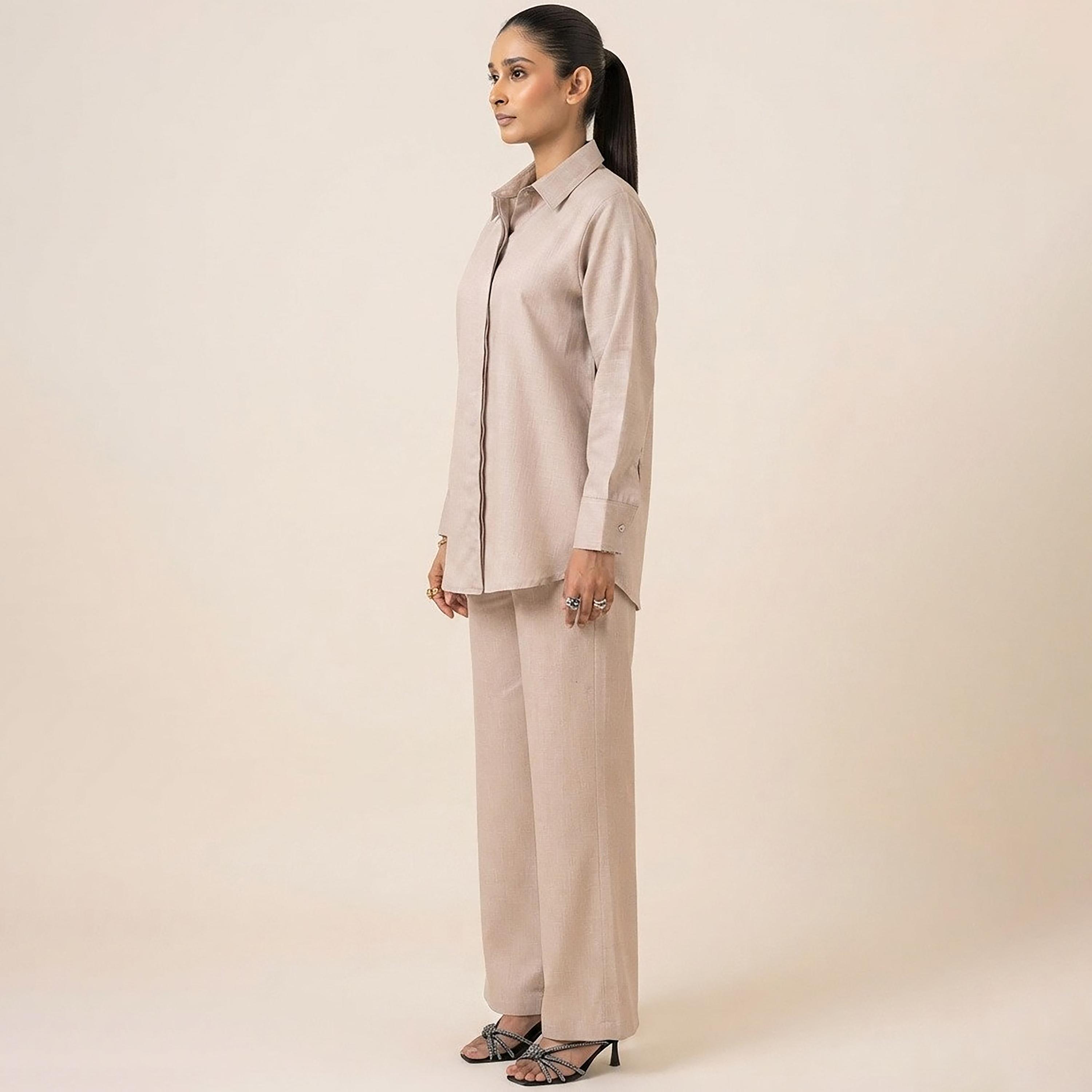 Nikias Beige Long Sleeves Collared Women's Shirt & Trousers Set-women-clothing-coordsets-image-4
